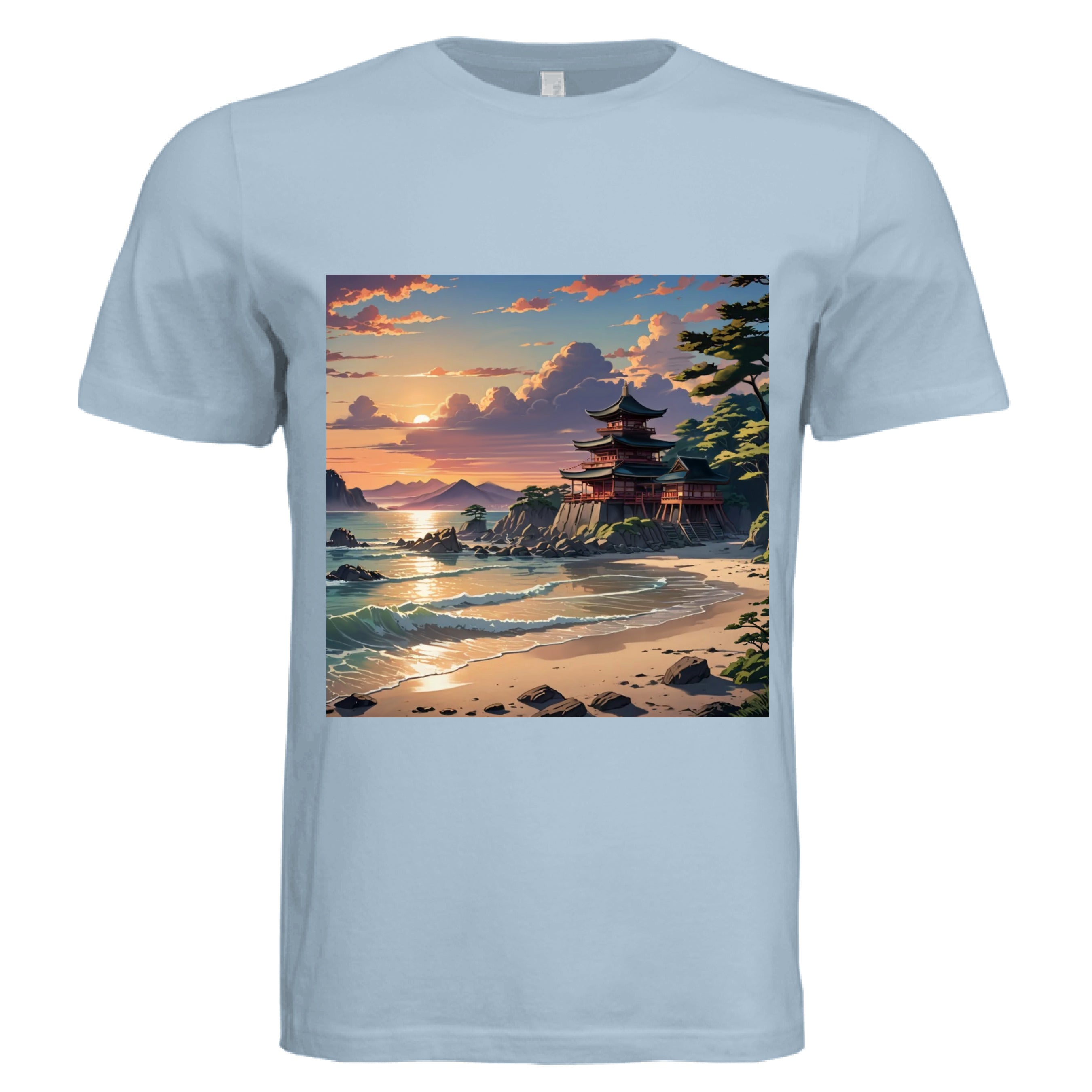This is the Light Blue Temple of Peace Muscle Tank by Lee Hansheng Studios. This is showcased from the front. The illustration in the forefront are crashing light blue, white waves hitting the tan beach, scattered rocks lining the beach to the right where trees are peaking out. In the back is a temple on rocky land that is red with green/black tops. In the background are more mountains and fluffy clouds with the sun rising. The sky is mixed with blue, yellow and red colors.It is against a white background.