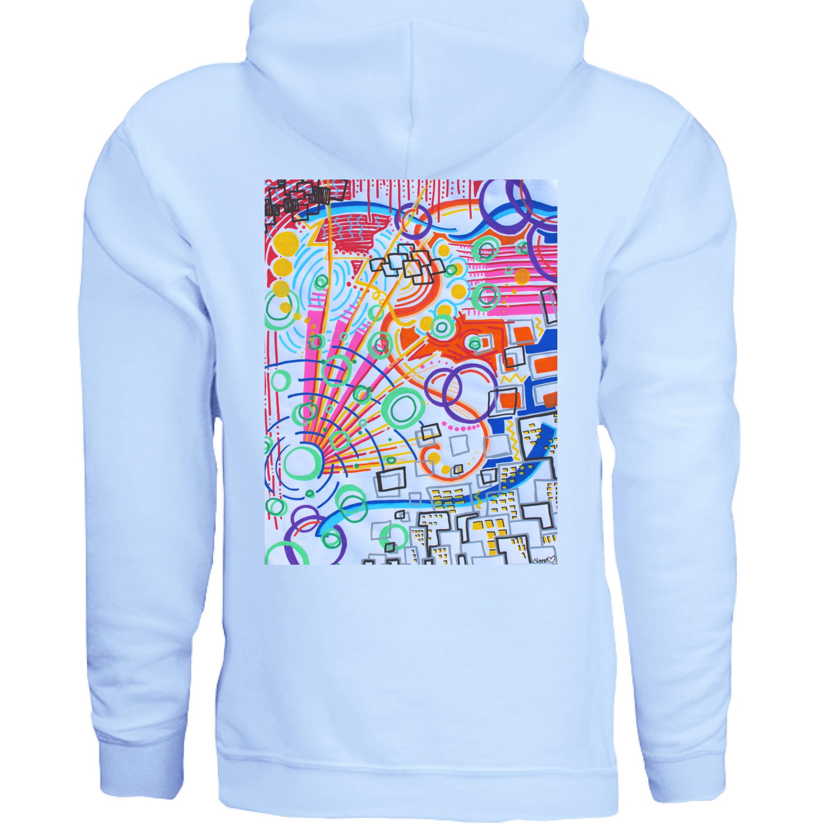 This is the Light Blue The City by Storm Garden Studio. This image is showcasing the front of the hoodie. There are two drawstrings attached to the hood with a large pouch from the middle to the bottom. On the left breast pocket is the image of the studio logo. The logo is a plant that has two leaves, one of the leaves is bitten with a spiderweb and spider on the it. The flower of the plant is a lightbulb. The logo is all in black and against a white background.