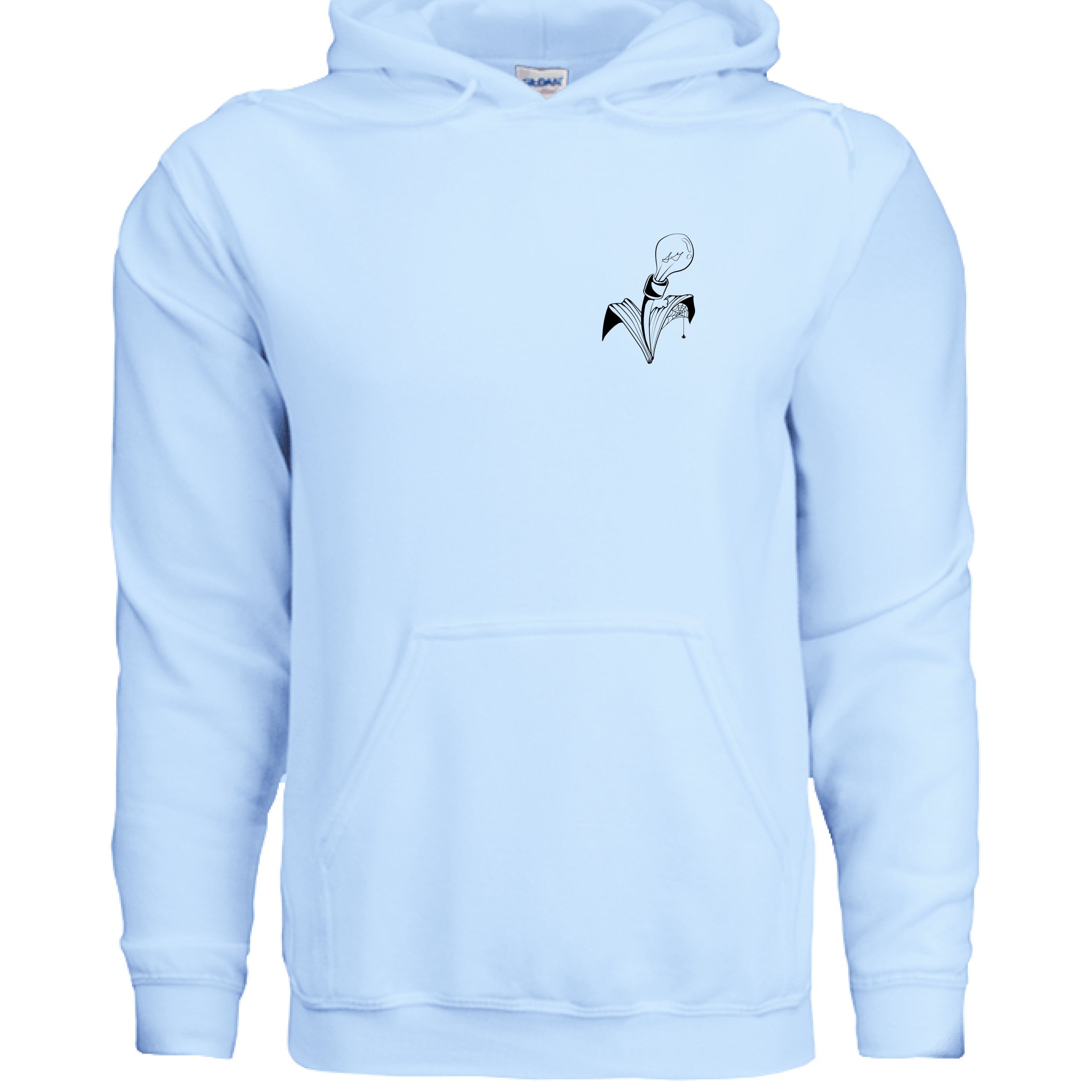 This is the Light Blue The City by Storm Garden Studio. This image is showcasing the front of the hoodie. There are two drawstrings attached to the hood with a large pouch from the middle to the bottom. On the left breast pocket is the image of the studio logo. The logo is a plant that has two leaves, one of the leaves is bitten with a spiderweb and spider on the it. The flower of the plant is a lightbulb. The logo is all in black and against a white background.