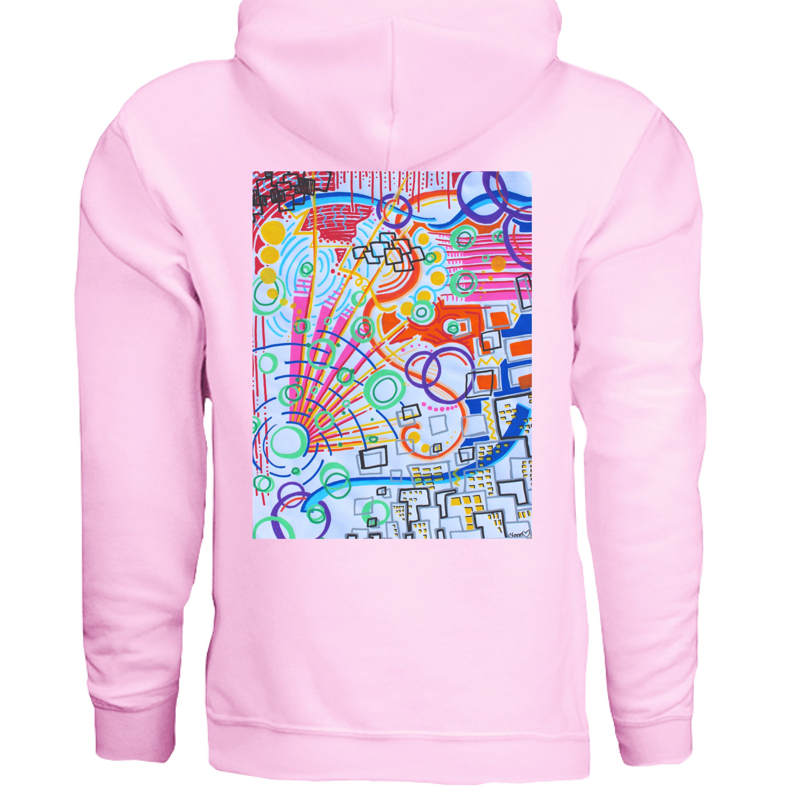 This is the Light Pink The City by Storm Garden Studio. This image is showcasing the front of the hoodie. There are two drawstrings attached to the hood with a large pouch from the middle to the bottom. On the left breast pocket is the image of the studio logo. The logo is a plant that has two leaves, one of the leaves is bitten with a spiderweb and spider on the it. The flower of the plant is a lightbulb. The logo is all in black and against a white background.