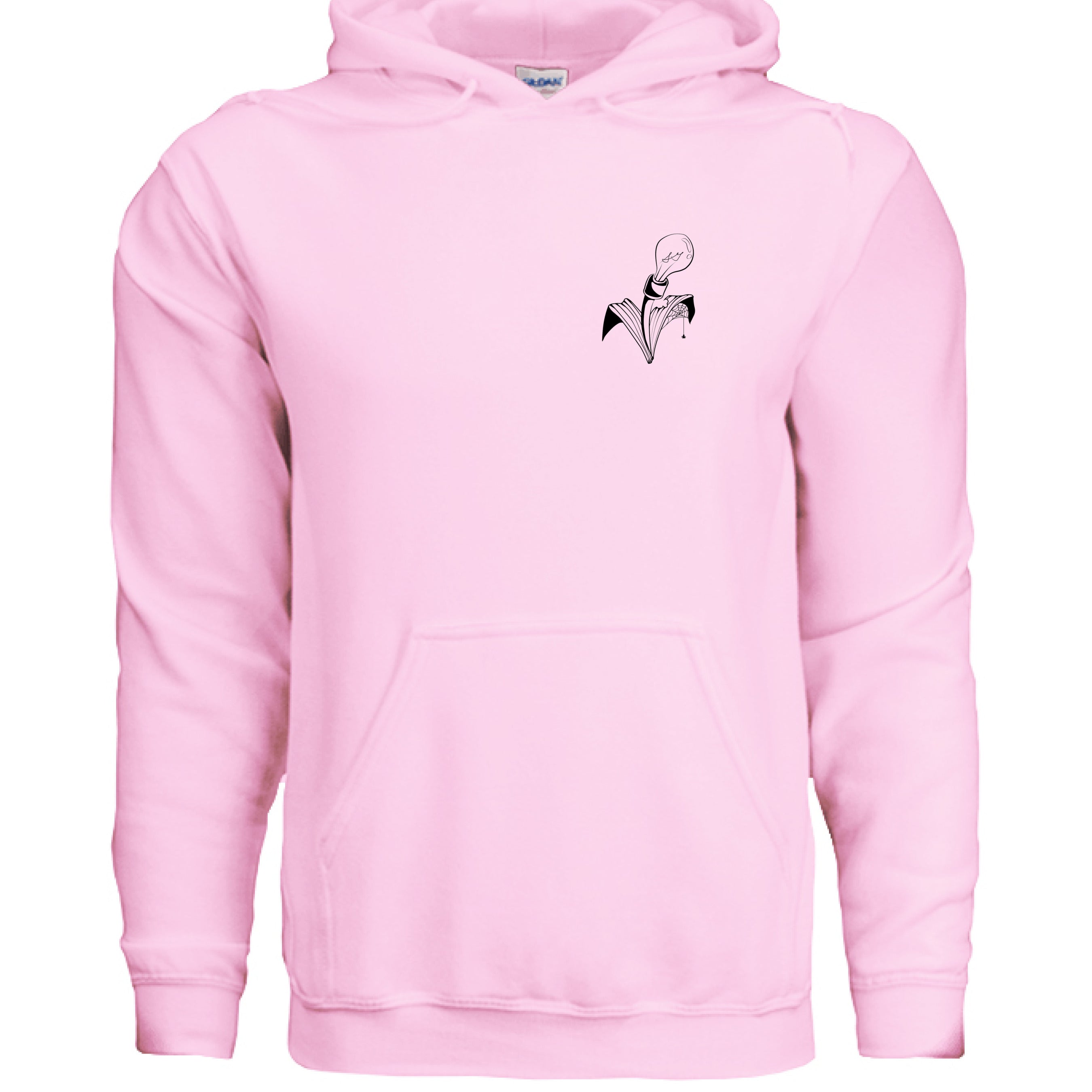 This is the Light Pink The City by Storm Garden Studio. This image is showcasing the front of the hoodie. There are two drawstrings attached to the hood with a large pouch from the middle to the bottom. On the left breast pocket is the image of the studio logo. The logo is a plant that has two leaves, one of the leaves is bitten with a spiderweb and spider on the it. The flower of the plant is a lightbulb. The logo is all in black and against a white background.