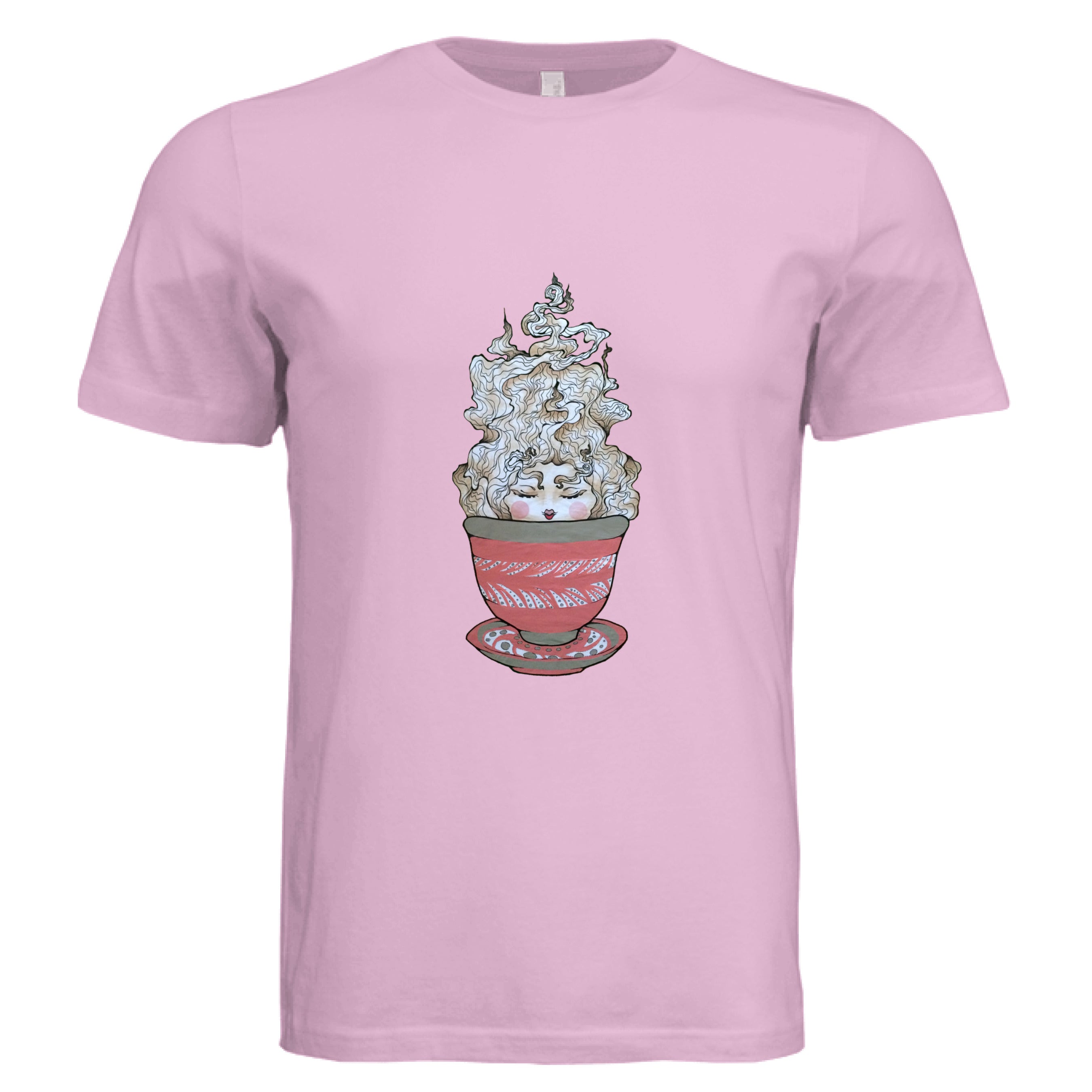This is the Lilac Green Tea T-Shirt by Chris Foster Design. This is showcasing the front of the shirt. The illustration is a tea sprite. There's a woman's face with curly hair/steam that is white and tan/beige inside an intricately designed pink/red teacup with a saucer that has white and black dashes or swirl patterns. The size label can be seen from the front and inside of t-shirt. The shirt is against a white background.