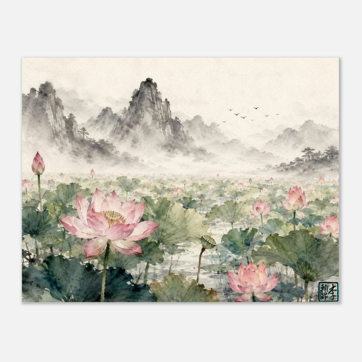 Lotus Fields Matte Print 20 x 25 cm/8 x 10" by Lee Hansheng Studios showcasing this premium matte print. This is a watercolor piece with white clouds, black mountains in the distance with a green lotus field, blooming or budding pink lotus flowers in a more white, blue water. The lotus flowers with yellow center. It is against a white background.