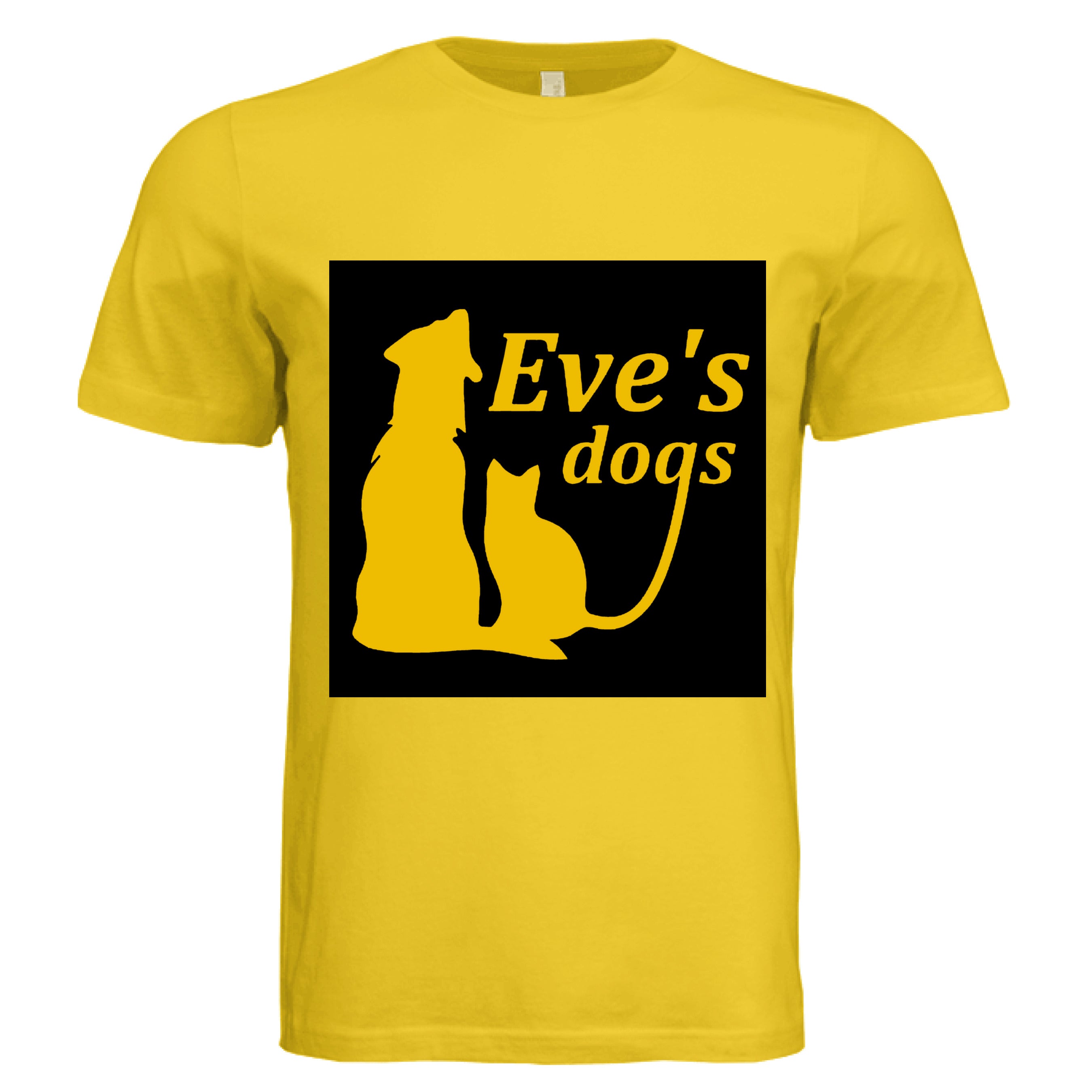 This is the Maize Yellow Adopt Eve's Dogs T-Shirt to help raise awareness and adopt. This is showcasing the front of the shirt. There is an image of their logo which the background is black, yellow writing of "Eve's Dogs". The "g" connects to the tail of the cat who is sitting next to the dog. Both are yellow shadows. The white size label can be seen at the inside of the shirt. It is against a white background.
