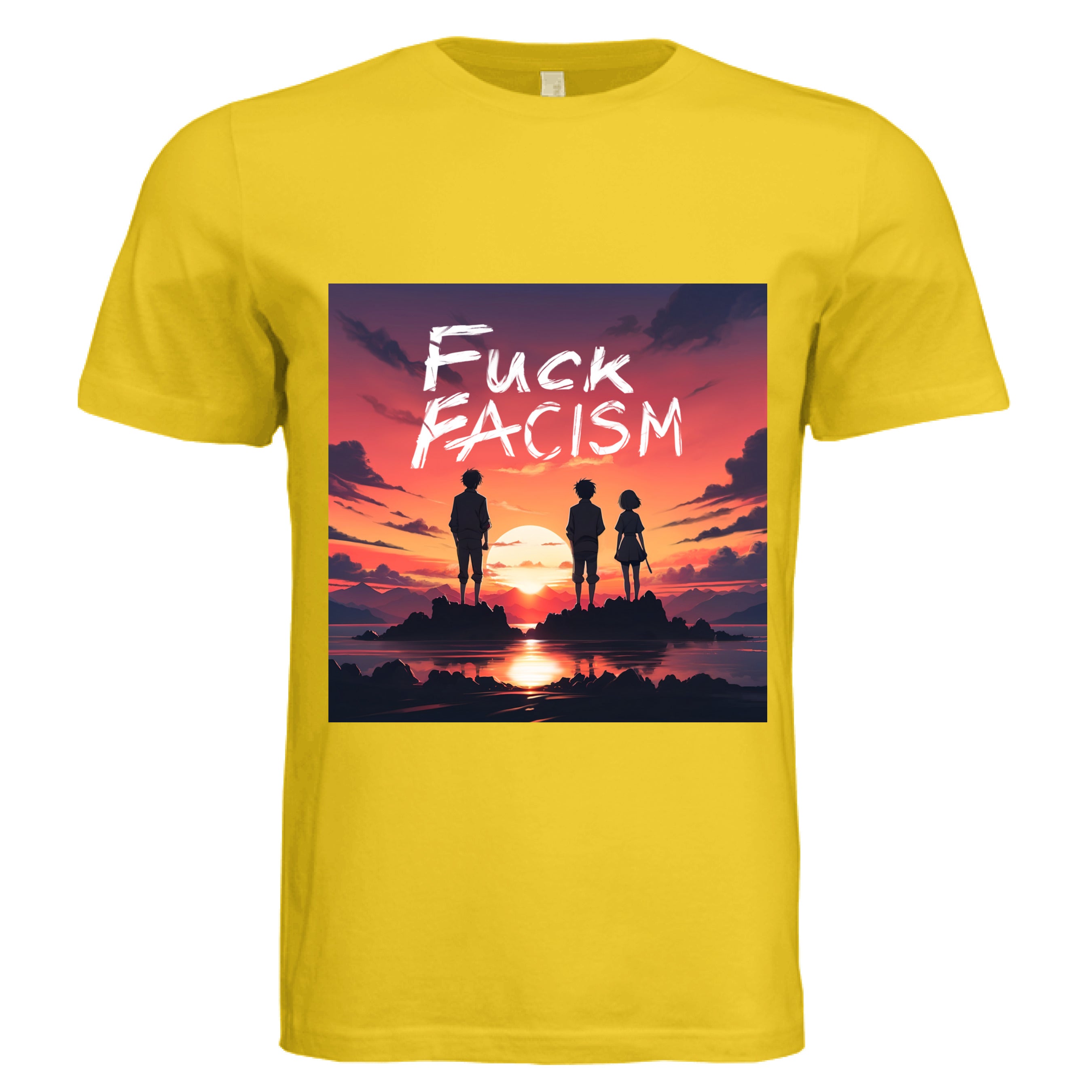 This is the Maize Yellow Fuck Fascism T-Shirt by Lee Hansheng Studios. This is showcasing the front of the shirt. The illustration has a blazing yellow/red sunset sky, three figures, two guys, one lady stand united, their silhouettes facing towards the sunset on rocky land floating in the middle of the water. The words in white, "FUCK FACISM" near the top. Clouds surrounding the right and left of the shirt. The white size label can be seen from the back of the shirt. It is against a white background.