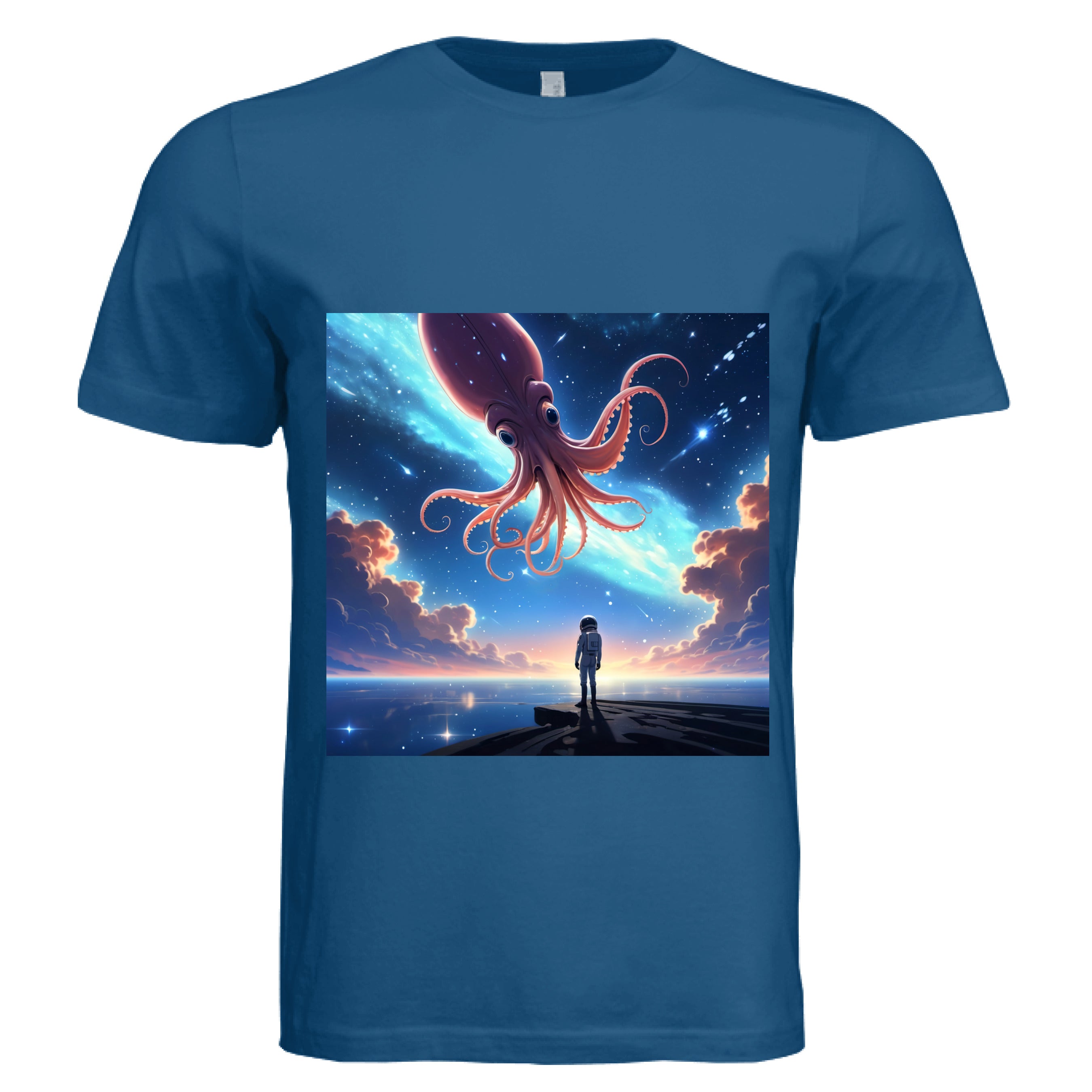 This is the Marine Star Maker T-Shirt by Lee Hansheng Studios. This is showcasing the front. The illustration features a lone astronaut in white, standing on a dark surface gazing at a pink octo-squid alien, drifting through a sky. The sky is alive with stars, nebulae, and clouds. The clouds are drifting up at the right and left with pink/blue hues. The sky is a light blue and the drifting stars behind the animal is a light blue. It is against a white background.