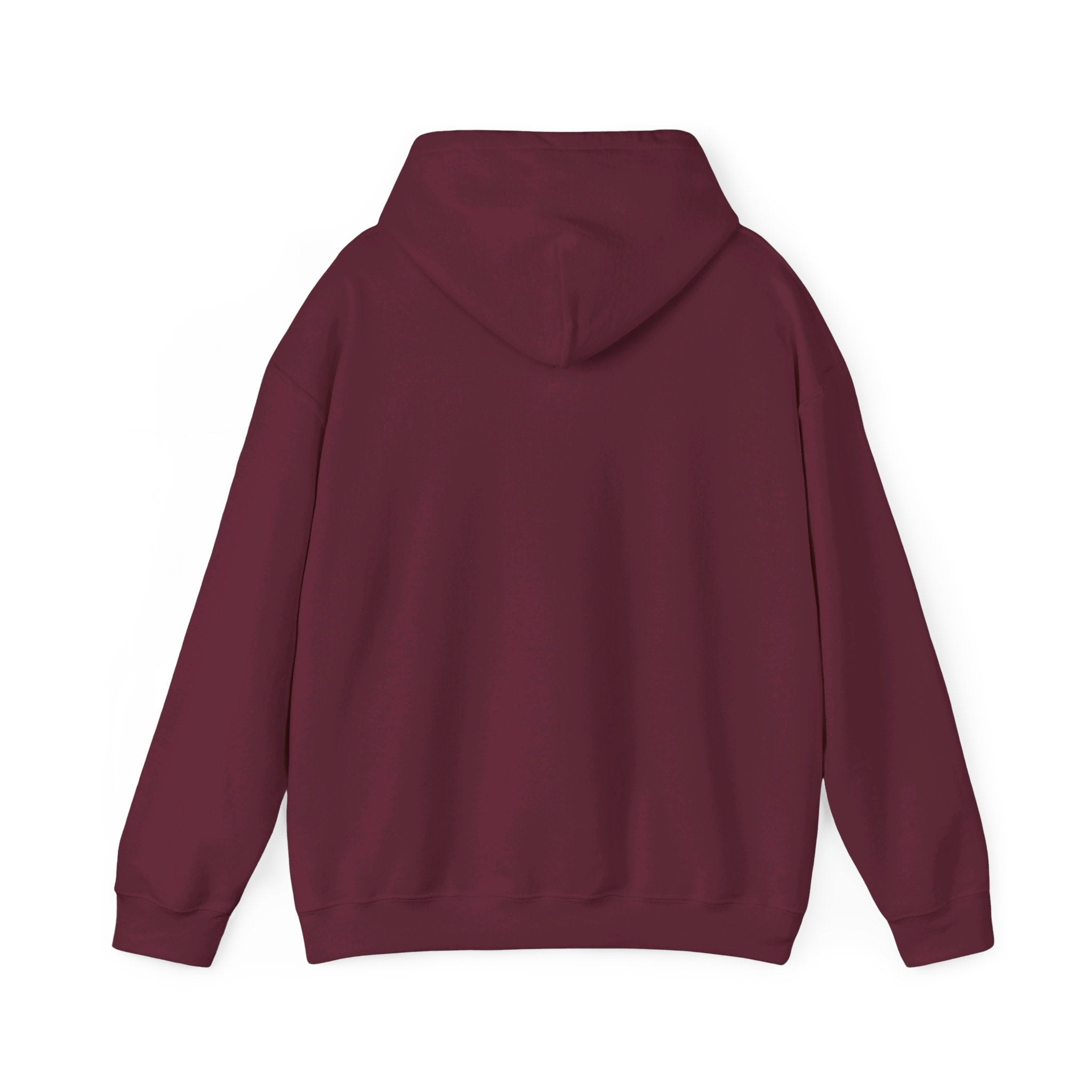 This is the Maroon Emotionless Heavy Blend Hoodie by Lee Hansheng Studios. This is the image of the hoodie from the back with the hood down. There is no illustration but there is hemming on the waists and hoodie. The image is against a white background.