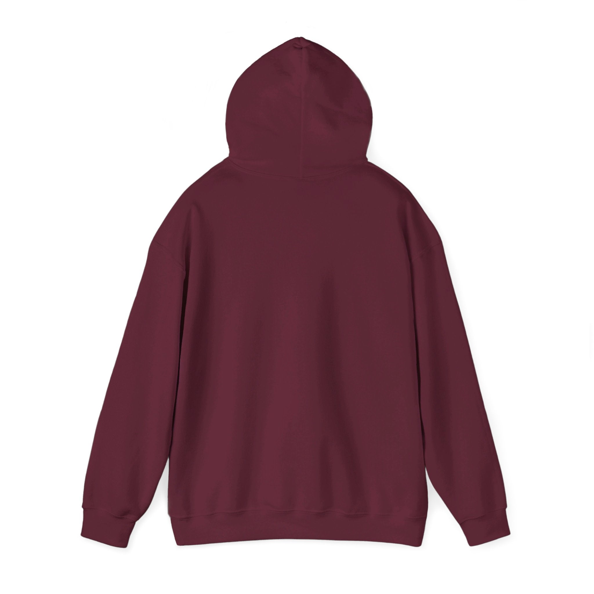 This is the Maroon Emotionless Heavy Blend Hoodie by Lee Hansheng Studios. This is the image of the hoodie from the back with the hood up. There is no illustration but there is hemming on the waists and hoodie. The image is against a white background.
