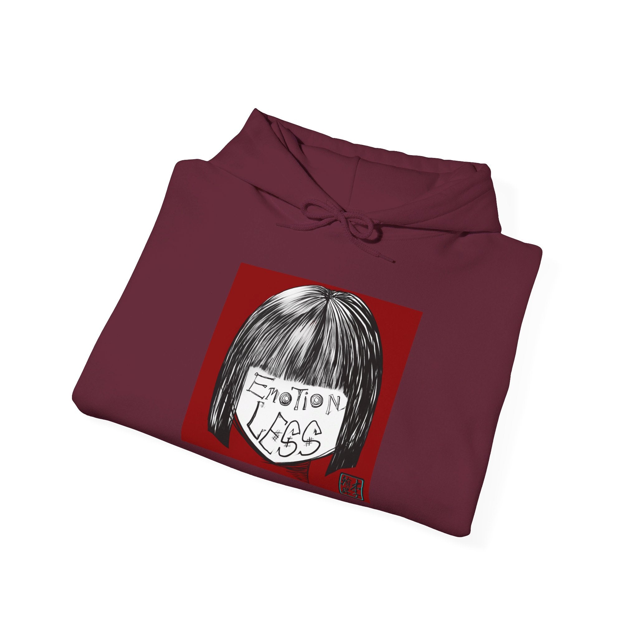 This is the Maroon Emotionless Heavy Blend Hoodie by Lee Hansheng Studios. This is the image of the hoodie folded, drawstring in a bowtie that is colormatched. The illustration is squared in the middle, a black haired girl with bangs and her white face has the words, "Emotionless". Behind her is a red background and on the right of the illustration is the Lee Hansheng Studios logo outlined in blue. The image is against a white background.