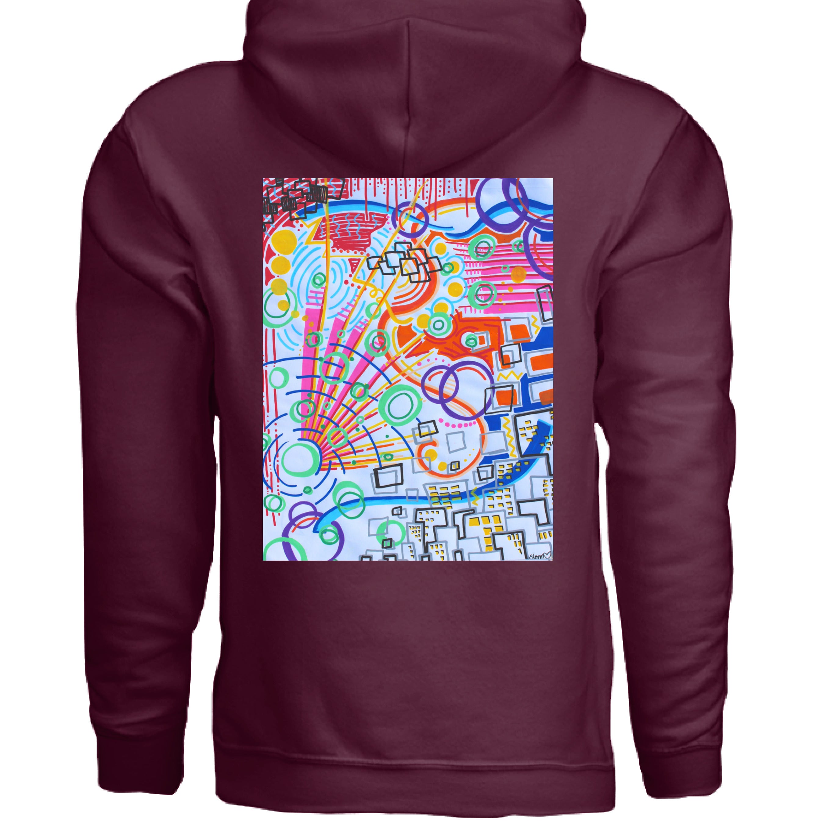 This is the Maroon The City Hoodie by Storm Garden Studio. This image is showcasing the back of the hoodie. There is an illustration right under the hood. It is a rectangular illustration with geometric shapes and city buildings to the right. There are squares, circles, sun rays, dots, in purples, red, pink, lime green, yellow, grey, blue and black. The background for the illustration is a light blue. The hoodie is against a white background.