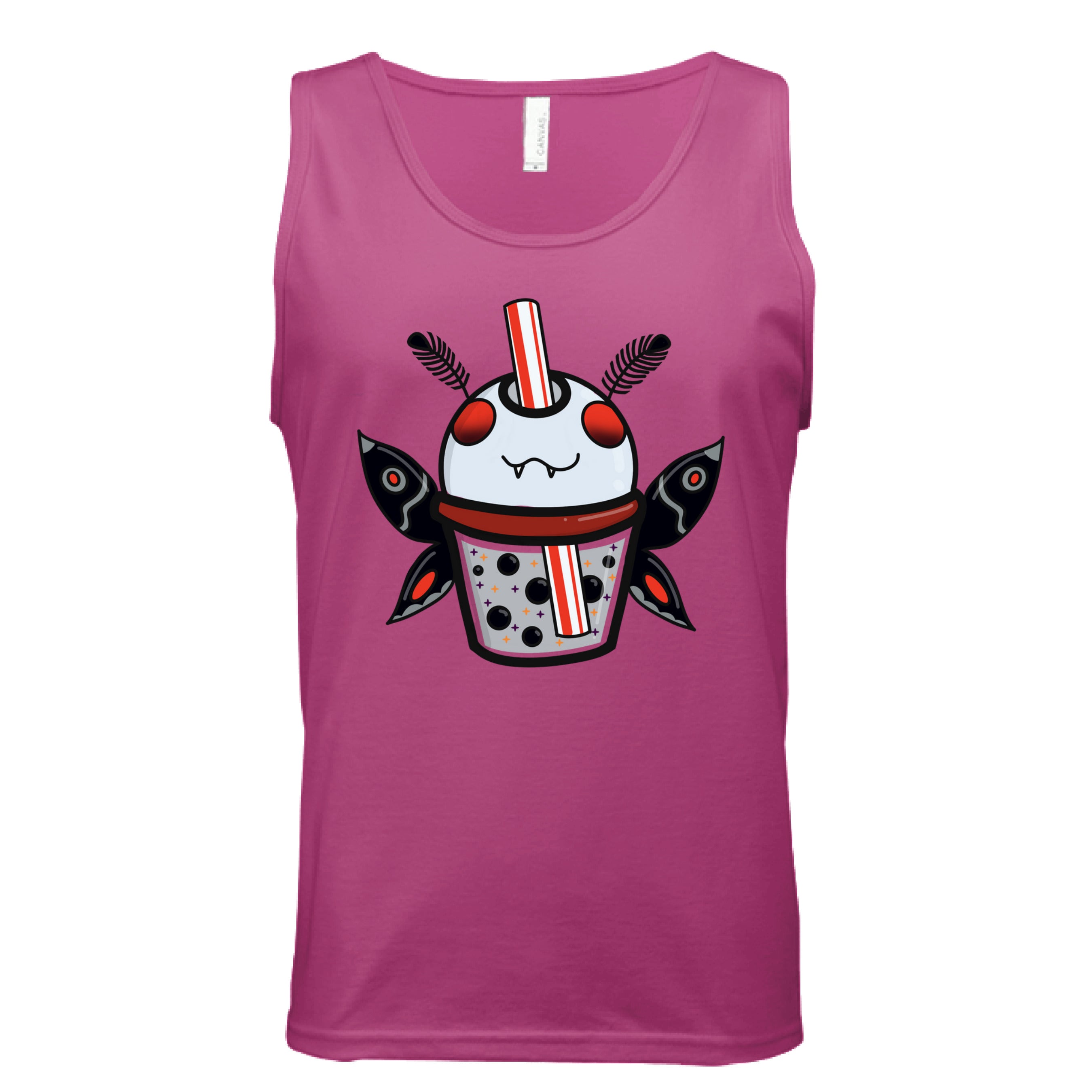 This is the Mauve Mothman Boba Tank by Dazzle & Daggers Design. This is showcasing the front of the tank. There is an illustration of a moth boba that is gray, red eyes, inside the glass is gray with black boba, red dots, black, red, gray both wings and fluffly black antennas, red and white striped straw. It is against a white background.