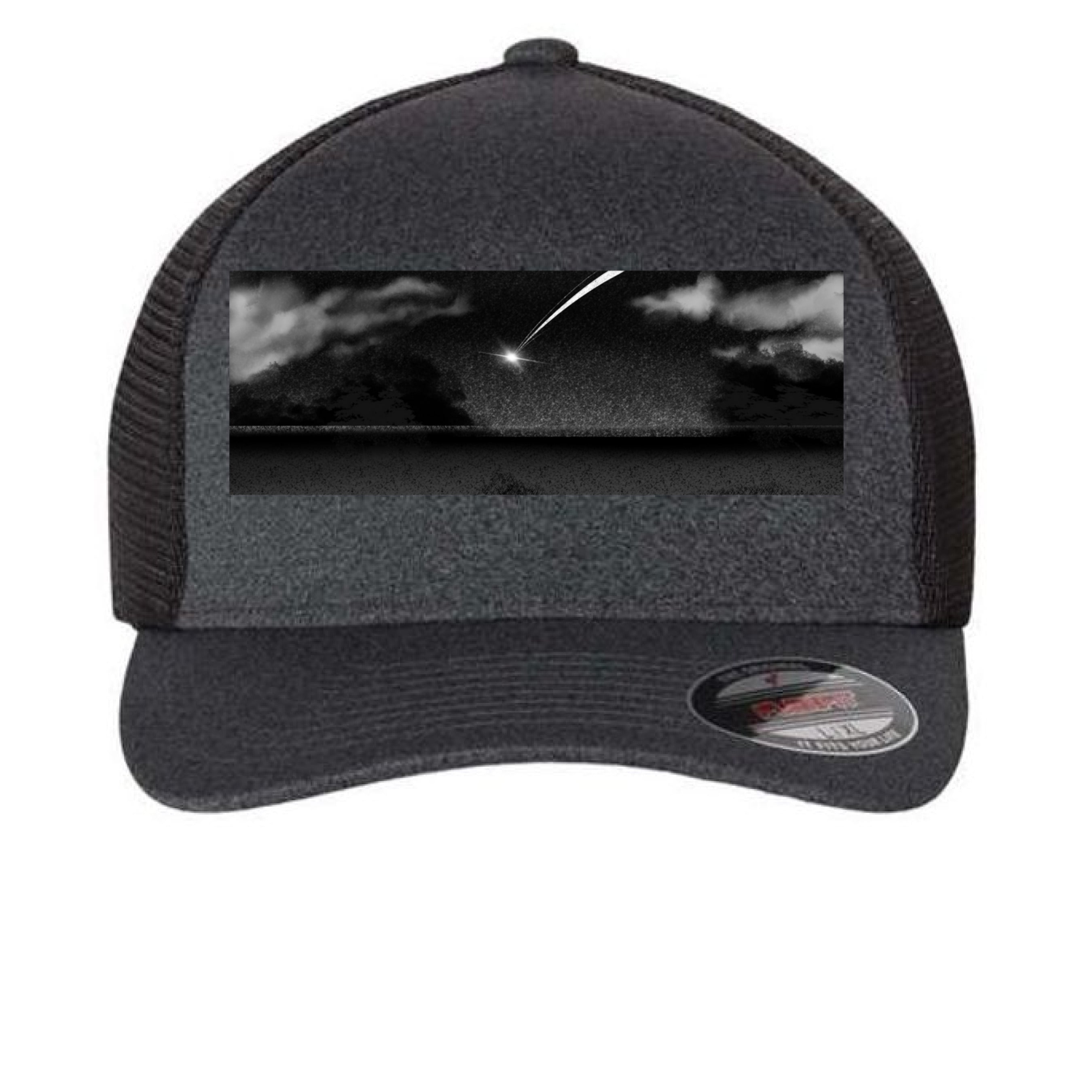 This is the Melange Dark Grey/Black Star Fall Cap by Lee Hansheng Studios. This is showcasing the cap from the front. The illustration is a meteor streaking through the sky. It is a moody piece that as gradients of black and grey, a little pixelated with white clouds in the forefront. The meteor is also white. It is against a white background.
