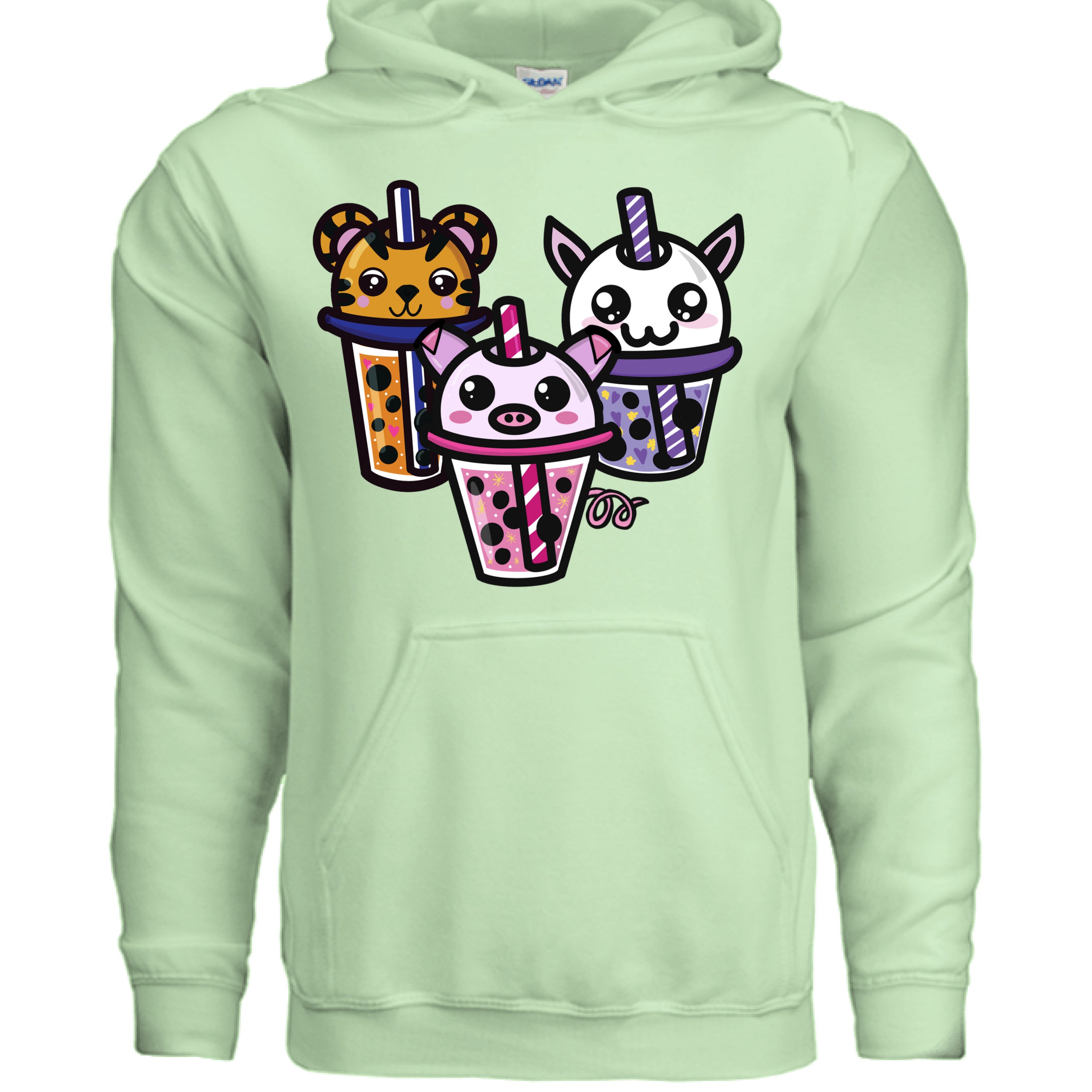 This is the Mint Green Boba Friends Hoodie by Dazzle & Daggers Design.This is the front,three kawaii designs.The Piggy Boba is pink all over and the glass has pink liquid, boba, yellow sparkles,white dots and peppermint swirl like.Thai Tea Tiger is orange,orange liquid,black boba,white dots,red hearts,blue and white striped straw.The Cryptid Boba is white, urple and white swirl straw,purple liquid,black boba,yellow stars and purple hearts.The hood with drawstrings and large pocket below the design.