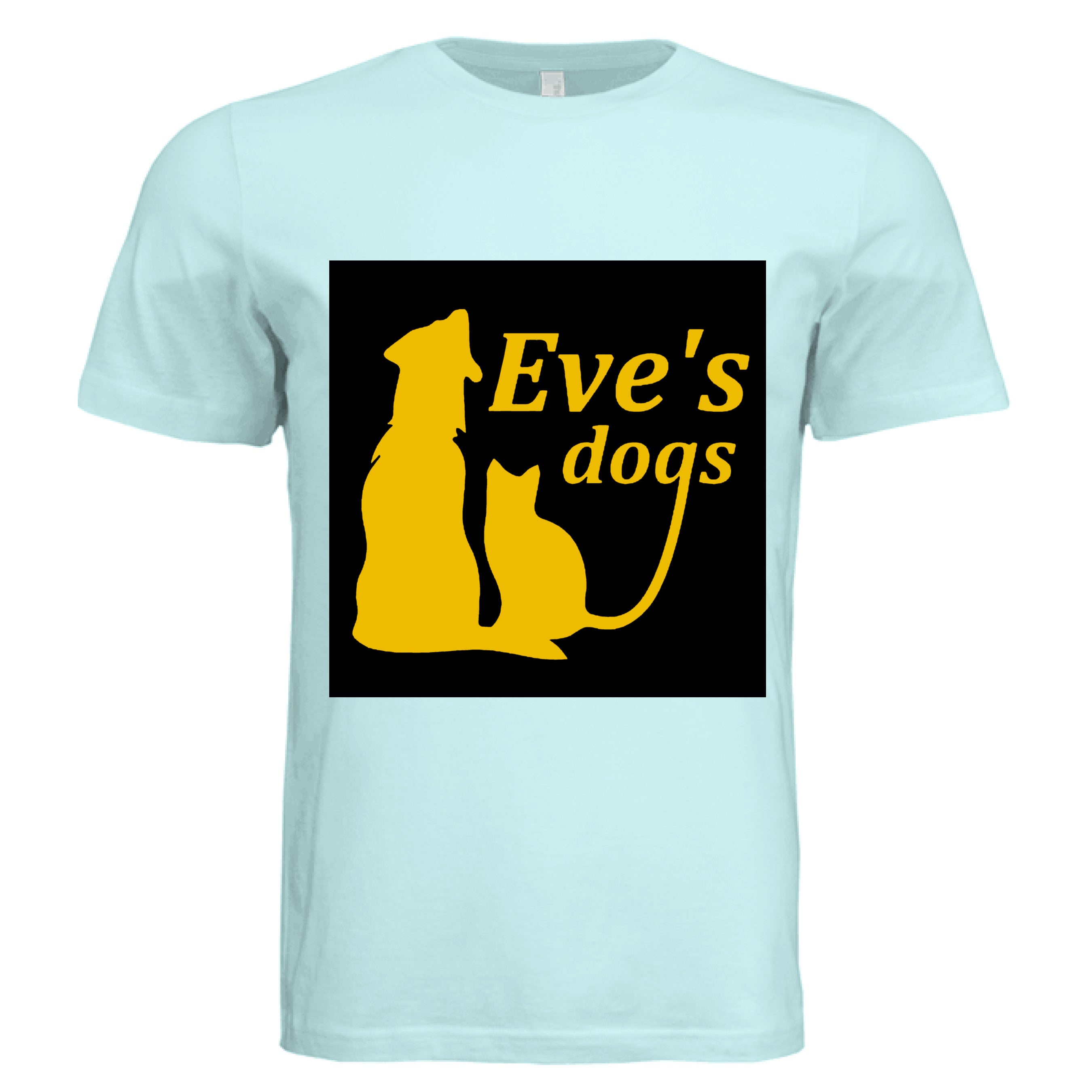 This is the Mint Adopt Eve's Dogs T-Shirt to help raise awareness and adopt. This is showcasing the front of the shirt. There is an image of their logo which the background is black, yellow writing of "Eve's Dogs". The "g" connects to the tail of the cat who is sitting next to the dog. Both are yellow shadows. The white size label can be seen at the inside of the shirt. It is against a white background.