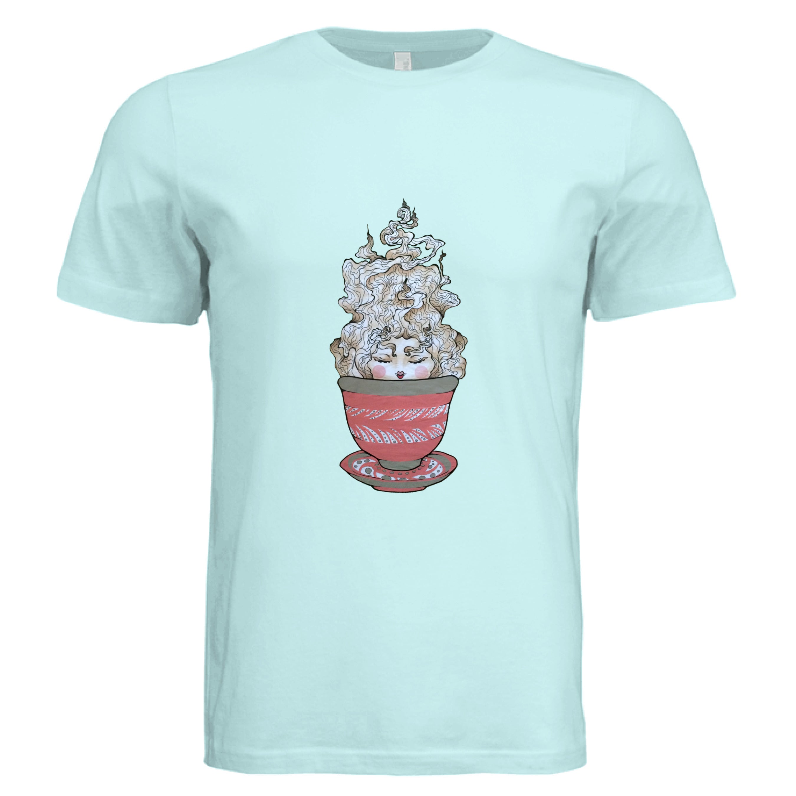 This is the Mint Green Tea T-Shirt by Chris Foster Design. This is showcasing the front of the shirt. The illustration is a tea sprite. There's a woman's face with curly hair/steam that is white and tan/beige inside an intricately designed pink/red teacup with a saucer that has white and black dashes or swirl patterns. The size label can be seen from the front and inside of t-shirt. The shirt is against a white background.