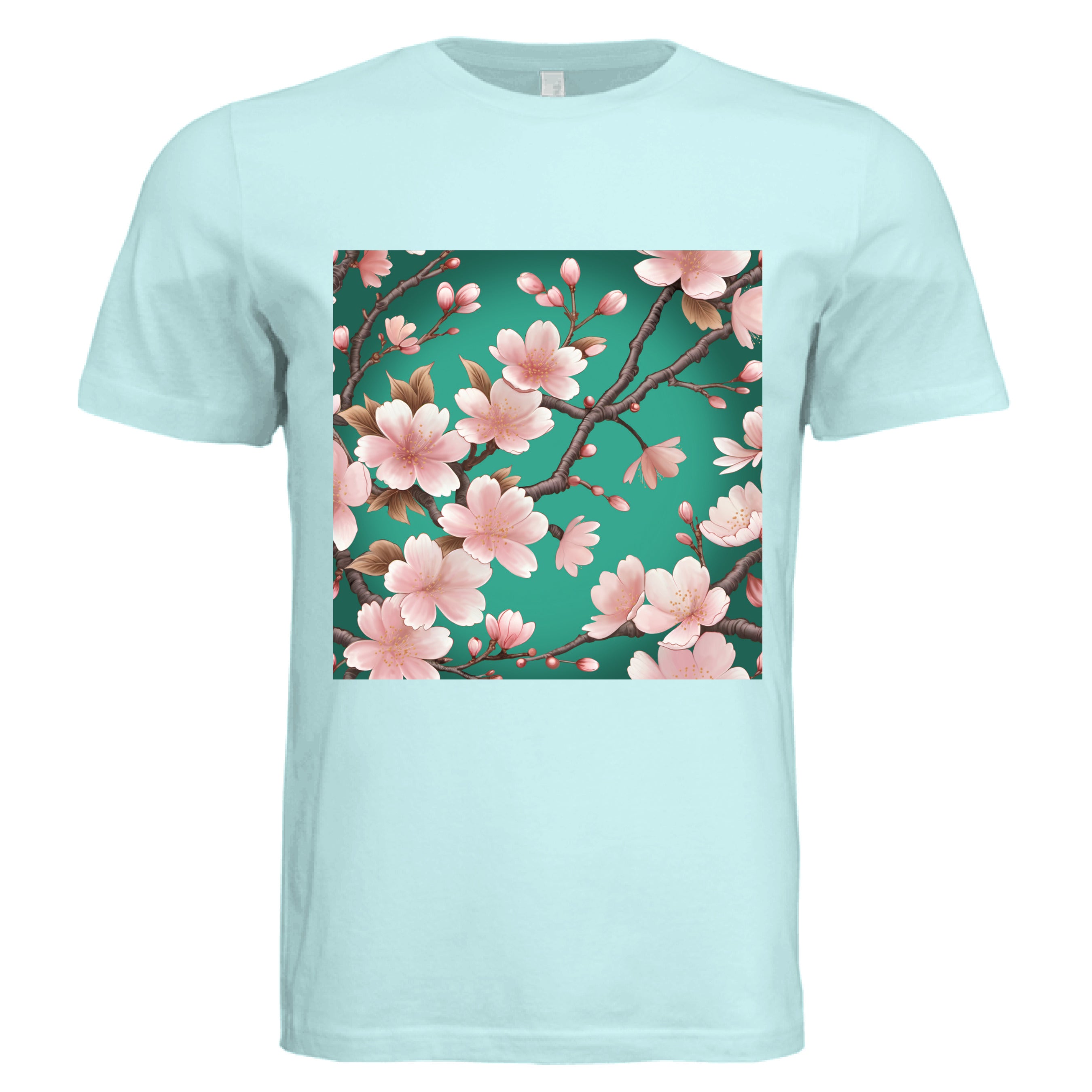This is the Mint Sakura T-Shirt by Lee Hansheng Studios. This is showcasing the front of the shirt. The illustration has a vibrant green background with soft pink cherry blossom blooms of petals on dark brown/grey branches celebrating hanami season. There are fully bloomed flowers and some buds throughout. The white size tag can be seen from the back. The image is from the chest to above the belly button. It is against a white background.