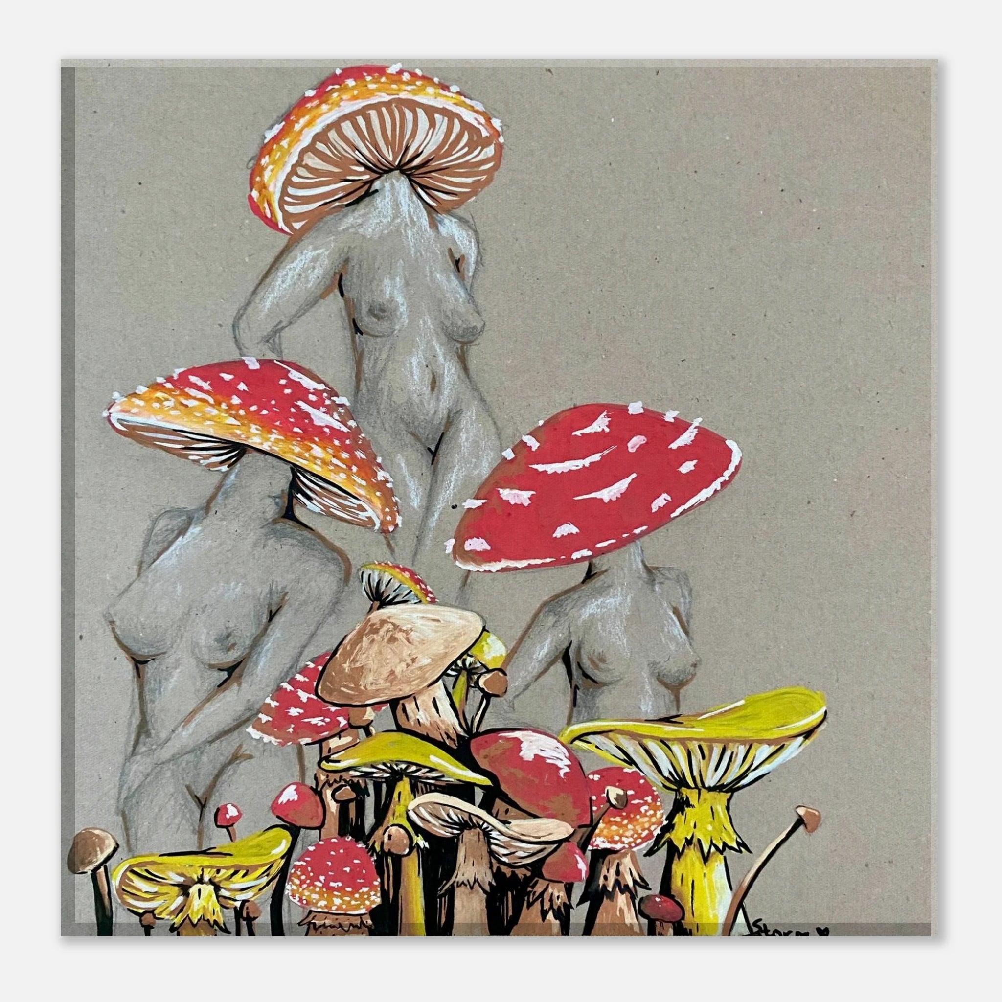 This is the 16" x 16" Miss Amanita Canvas Print by Storm Garden Studio. This illustration is on tan/grey background. There are three fusions of female human anatomy and mushroom fungi. Their heads are different styles of mushrooms, bodies are a gray/white outlined in brown. Below are different mushrooms and shapes with a mix of tan, redd, white and yellow colors. It is against a white background.