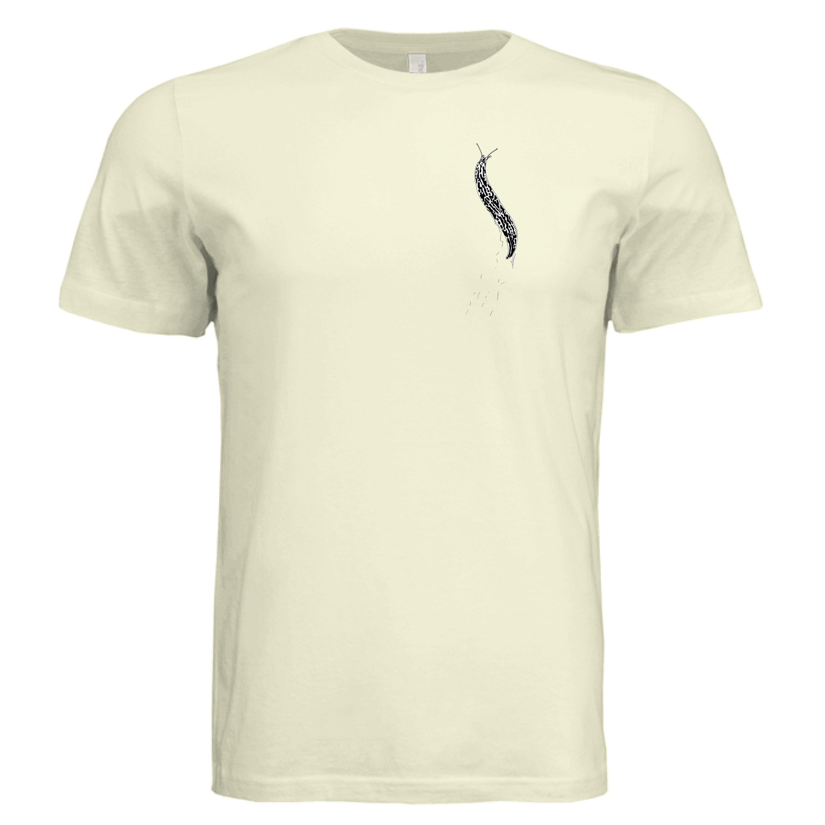 This is the Natural Banana Slug T-Shirt by Storm Garden Studio. This showcases the front of the shirt. There is a banana slug in black and white on the left chest. There is a large pouch too. It is against a white background.
