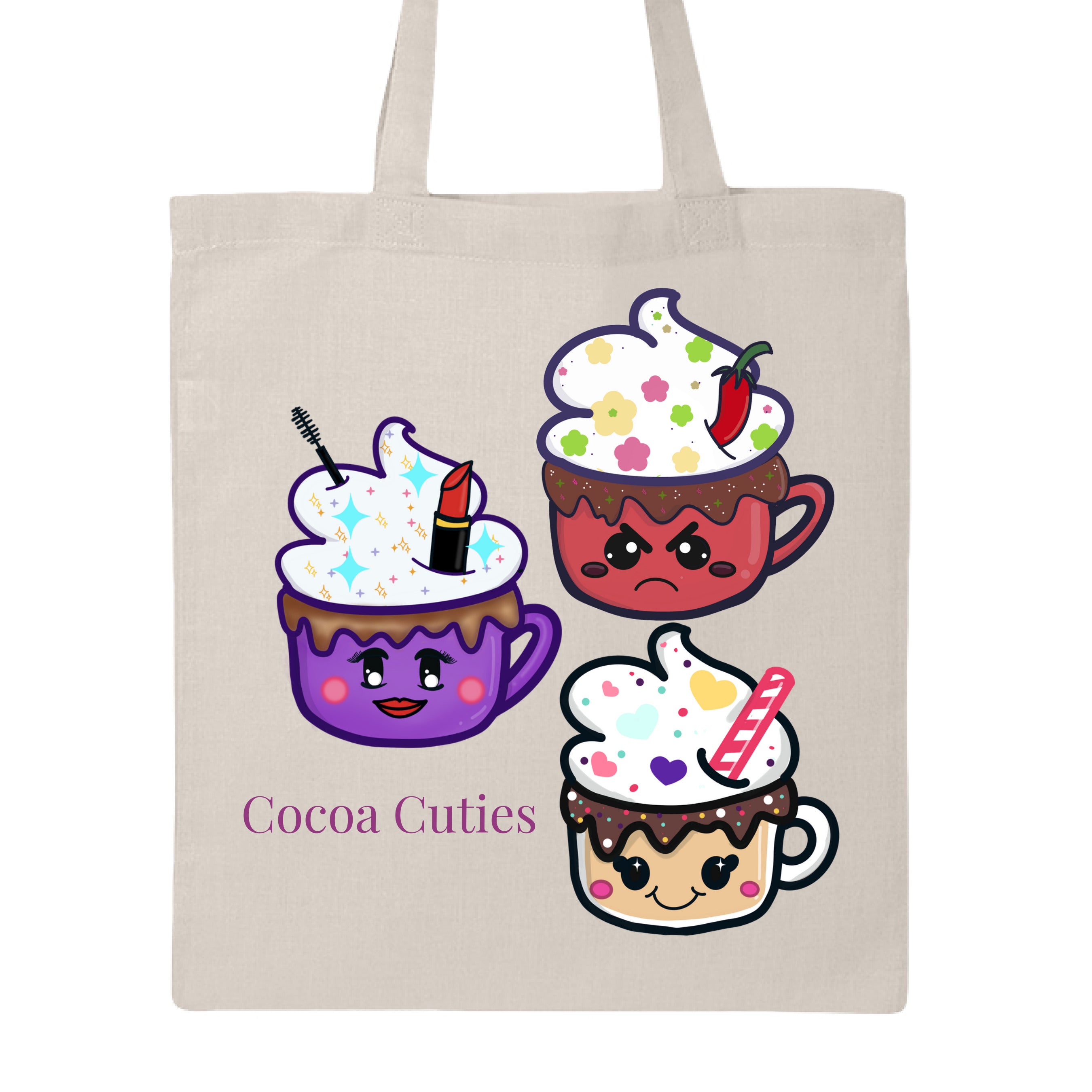 Natural Cocoa Cuties Canvas Tote by Dazzle & Daggers Design illustrations on front.Purple cup,smiling face,red lips,round pink cheeks,large eyes w/mascara,w/sparkly toppings,whipped cream,red lipstick,mascara tip.Red cup,angry face,circular eyes,brown oval cheeks,mouth frowning,sparkly chocolate dripping on the cup topped w/flowery whipped cream and a chili.Tan glass cup,dots sprinkled chocolate,hearts whipped cream,red&white straw,cherryface w/pink cheeks,wing tipped eyes."Cocoa Cuties" in purple font.