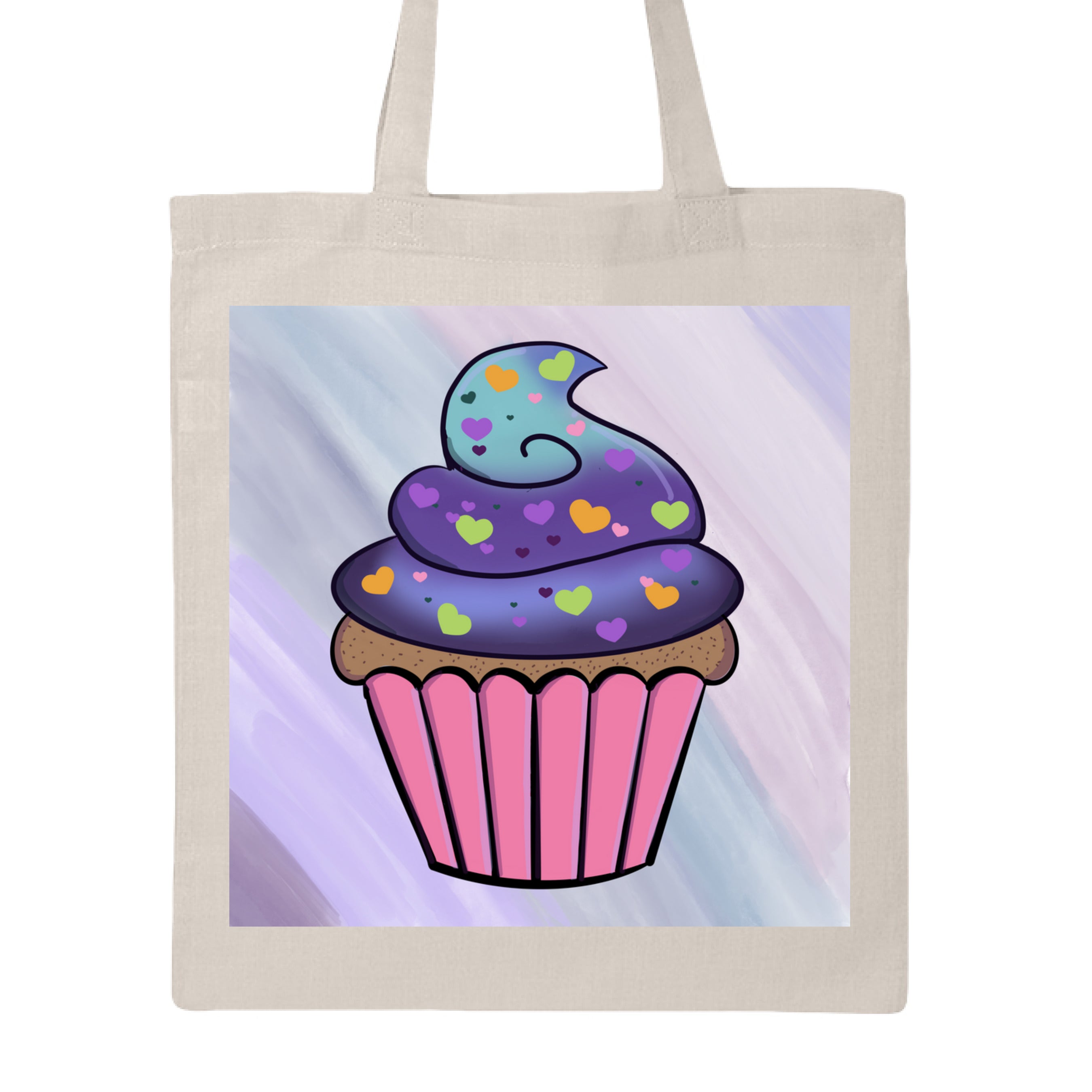 This is the Natural Cosmic Cupcake Canvas Tote by Dazzle & Daggers Design. This is showcasing the front of the tote. The illustration has a pastel purple, pink, and blue slanted brushstroke background. The cupcate is in the middle with a pink wrapper, brown/tan dotted cupcake with a gradient frosting. The frostin is blue and purple with green, orange, purple, dark purple hearts all over. It is against a white background.