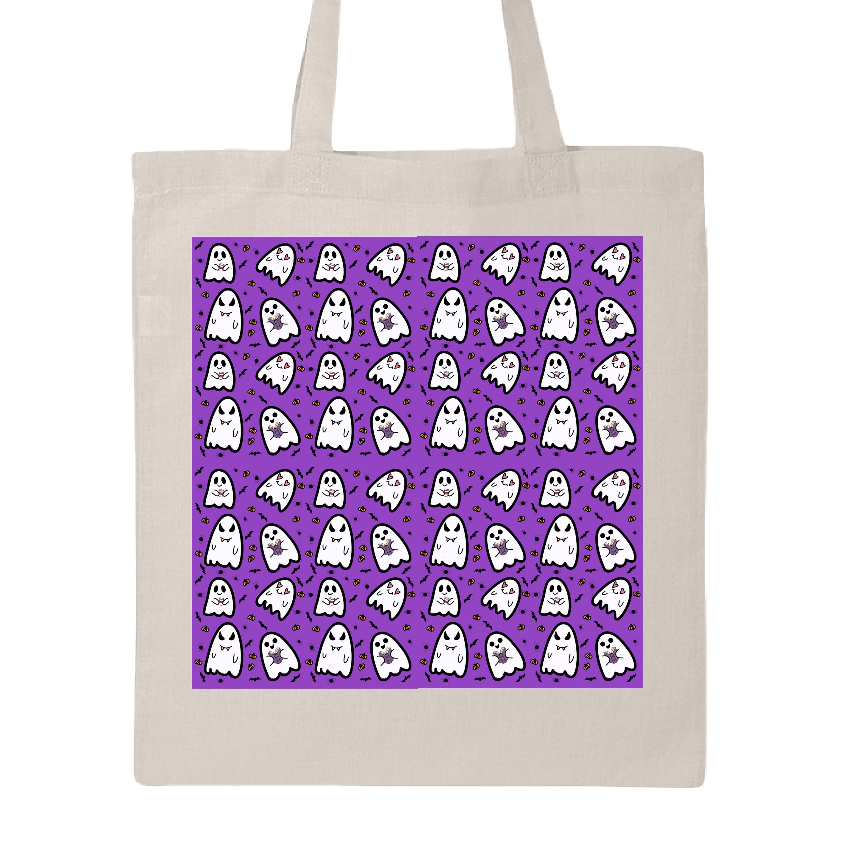 This is the Natural Ghostie Canvas Tote by Dazzle & Daggers Design. This is showcasing the front. The handles are color matched. The illustration is square with a cute ghostie pattern. The background of the illustration is purple with small bats, pumpkins and spiders. The ghosts have a range of expressions like heart eyes, book reading with an excited expression, evil vampire and happy ghostie with a red striped coffee to go mug. The tote is against a white background.