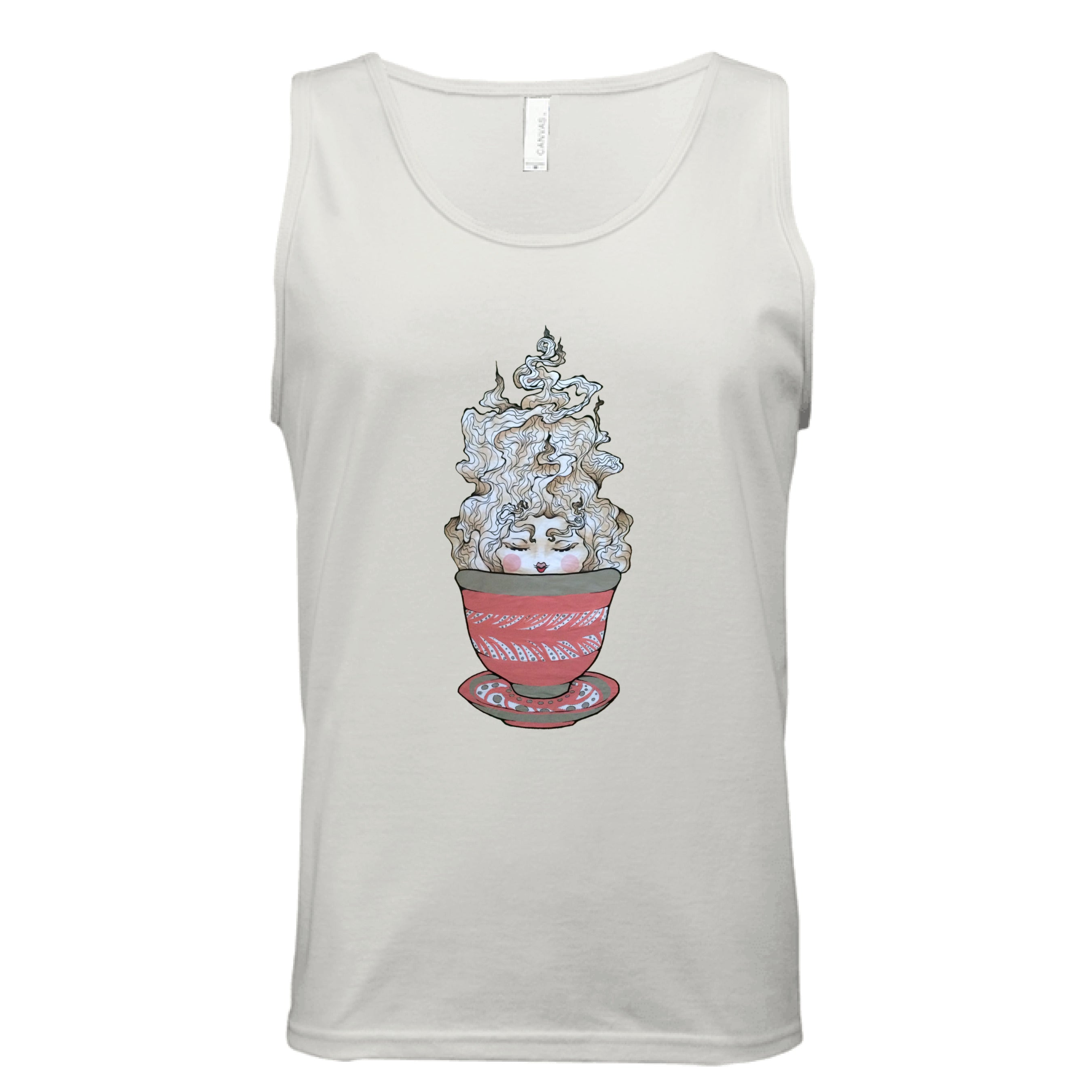 This is the Natural Green Tea Tank by Chris Foster Design. This is showcasing the front of the tank. The illustration is a tea sprite. There's a woman's face with curly hair/steam that is white and tan/beige inside an intricately designed pink/red teacup with a saucer that has white and black dashes or swirl patterns. The size label can be seen from the front and inside of tank. The tank is against a white background.