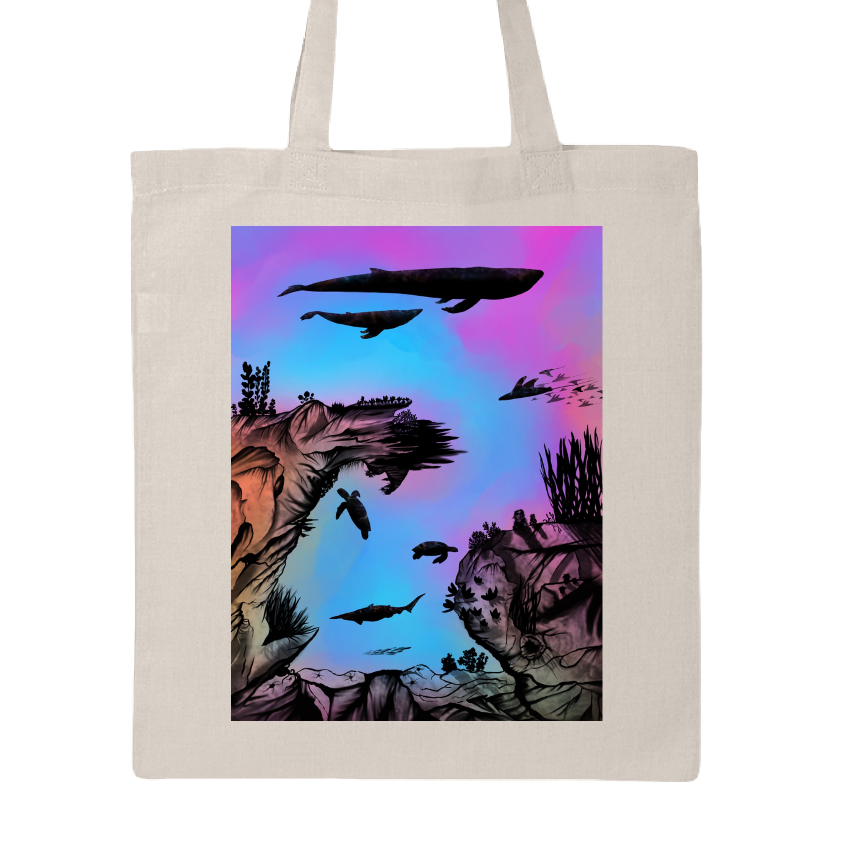 This is the Natural Into the Abyss Canvas Tote by Lee Hansheng Studios. This is showcasing the front of the tote. The illustration is of an otherworldly underwater world alive with graceful black silhouettes drifting against a luminous gradient of blues, purples, and warm tones throughout the water. To the left, right and bottom are sediment, rocks, seaweed throughout. The top has a humpback whale, another whale, below are a pool of mantis rays, two sea turtles, sea of fish.It is against a white background.