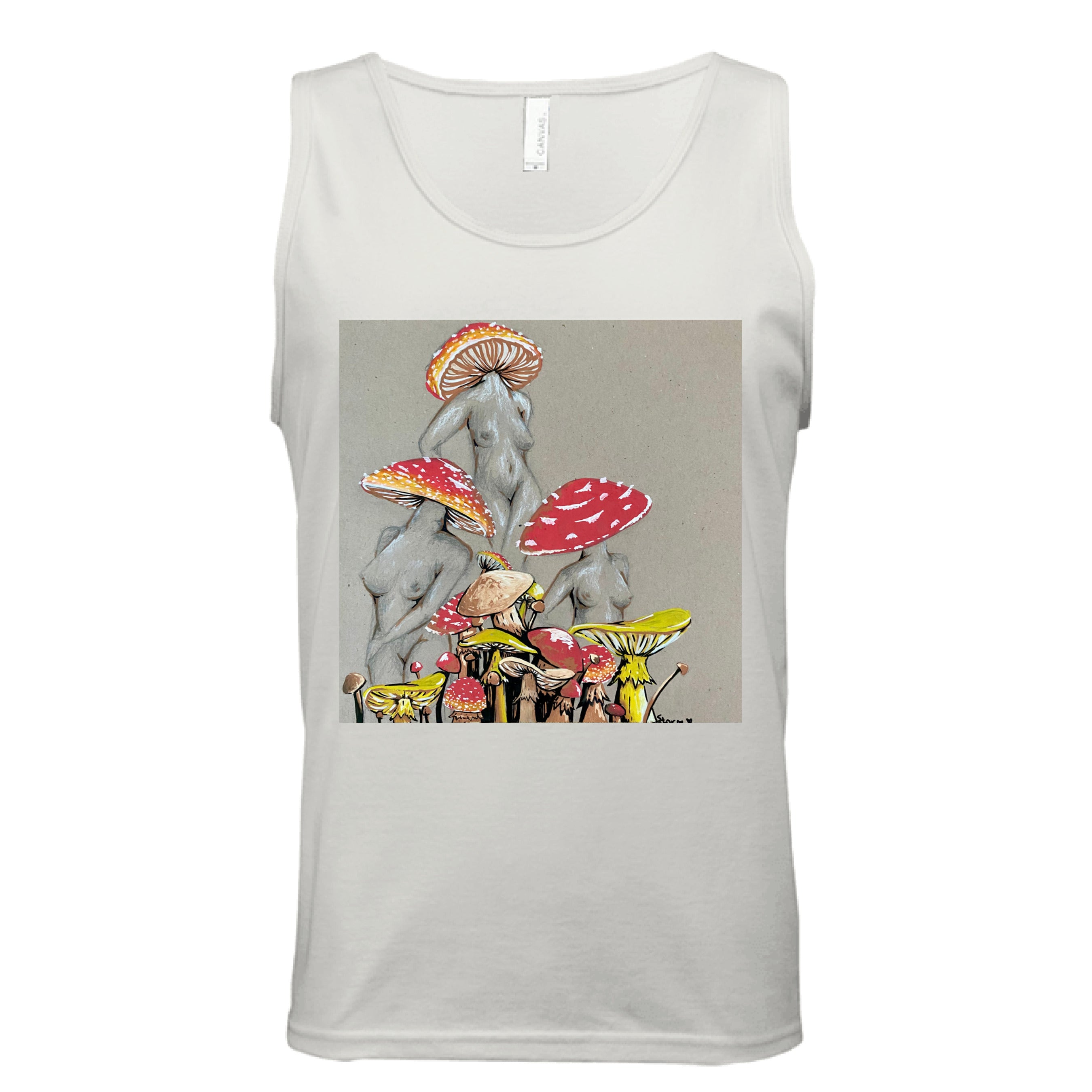 This is the Natural Miss Amanita Tank by Storm Garden Studio. This is showcasing the front. This illustration is on tan/grey background. There are three fusions of female human anatomy and mushroom fungi. Their heads are different styles of mushrooms, bodies are a gray/white outlined in brown. Below are different mushrooms and shapes with a mix of tan, red, white and yellow colors. It is against a white background.