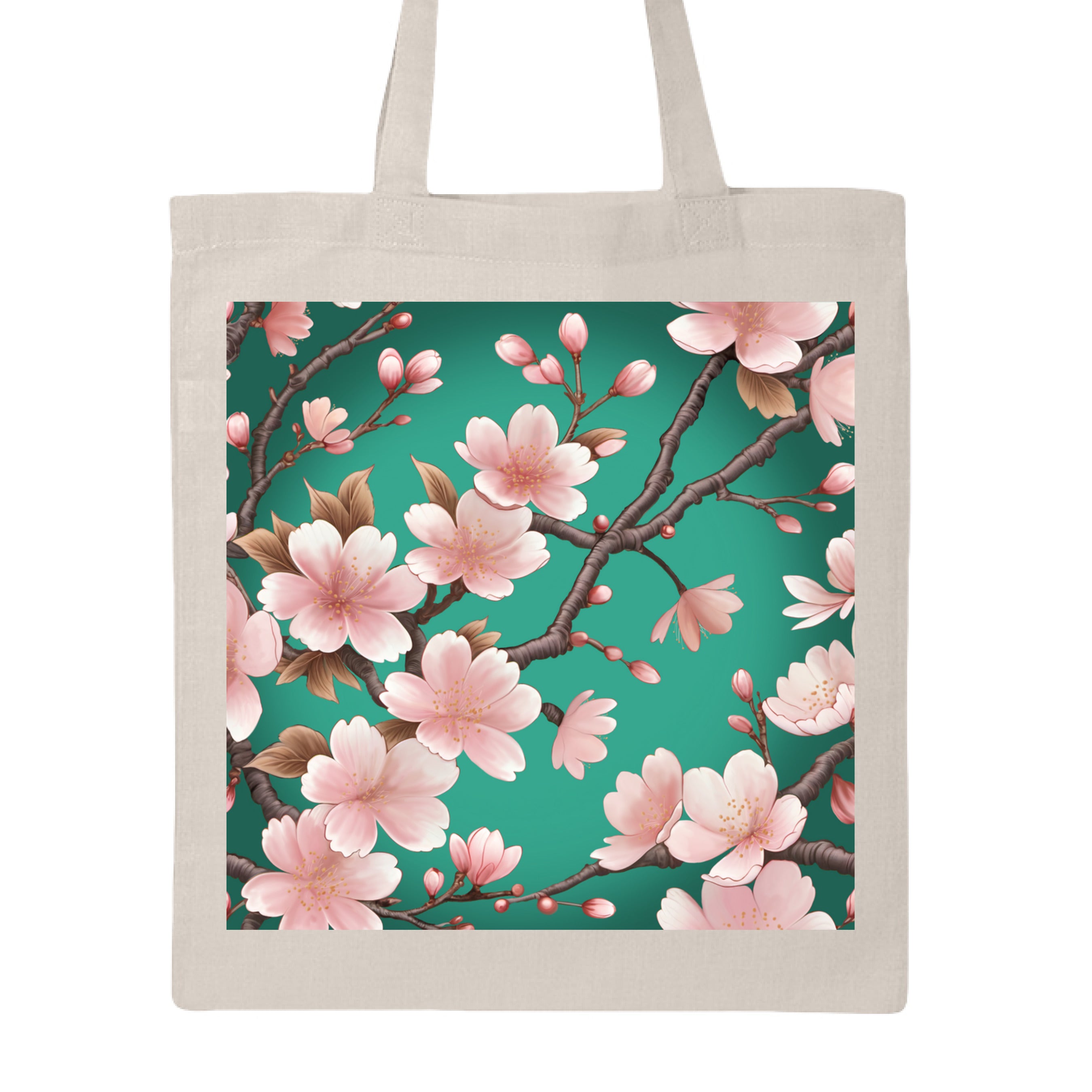 This is the Natural Sakura Canvas Tote by Lee Hansheng Studios. This is showcasing the front of the tote. The illustration has a vibrant green background with soft pink cherry blossom blooms of petals on dark brown/grey branches celebrating hanami season. There are fully bloomed flowers and some buds throughout. It is against a white background.