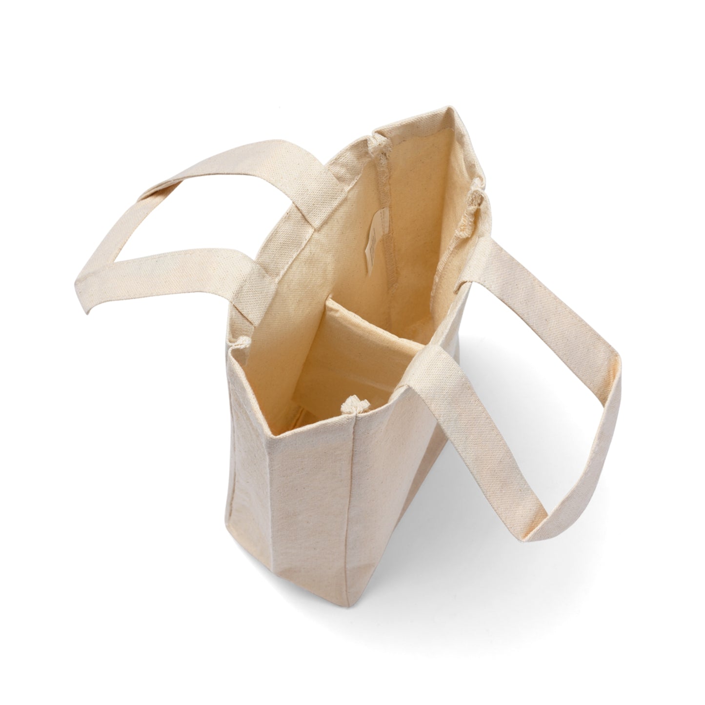 This is the Natural one size Soothe Your Soul Double Wine Tote Bag by Lee Hansheng Studios. This tote securely holds two wine bottles and image showcases the tote open at eagle's view. There are handles on each side and shows the middle partition for two 25 fl oz (750 ml) wine bottles to fit comfortably. The tote is against a white background.