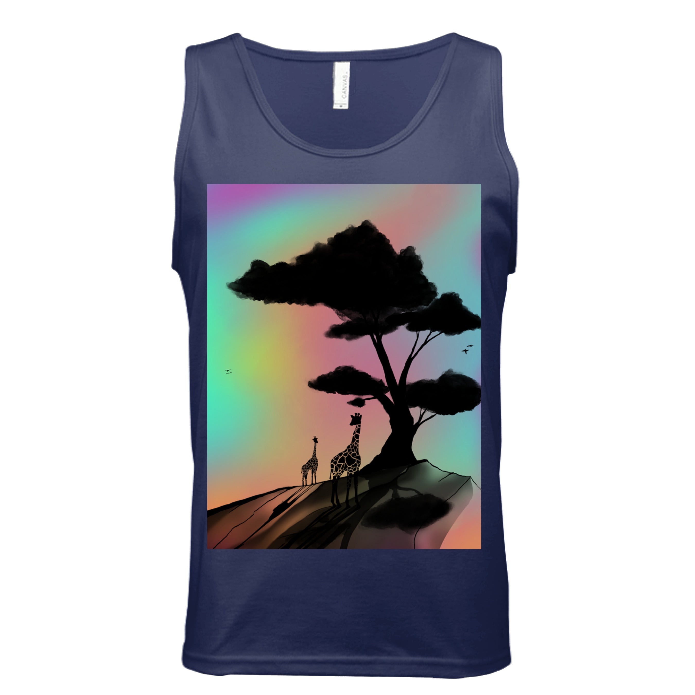 This is the Navy At A Glance Tank by Lee Hansheng Studios. This is showcasing the front of the tank. The illustration is a sillouhette of a large tree, two giraffes on a rocky hill. In the background are hues and gradients of green, yellow, purple, and red. The giraffes are looking towards to each other. It is against a white background.