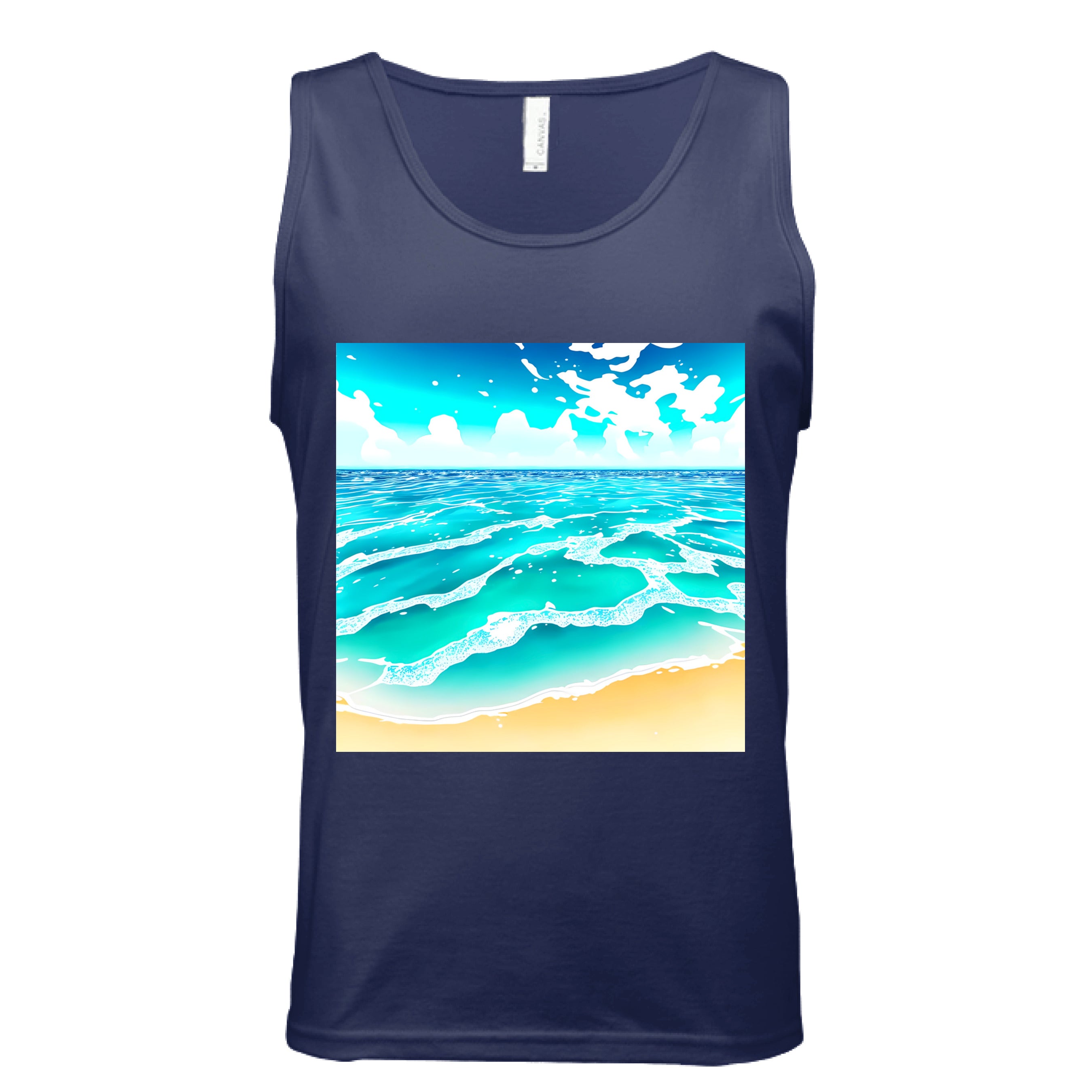This is the Navy Beach Life Tank by Lee Hansheng Studios. This showcases the front of the tank. The squared illustration captures rolling turquoise waves, crisp white foam, and a stretch of golden sand under a brilliant blue sky that has clouds floating in the horizon. The sky is a gradient from light blue to darker blue. The tank is against a white background.