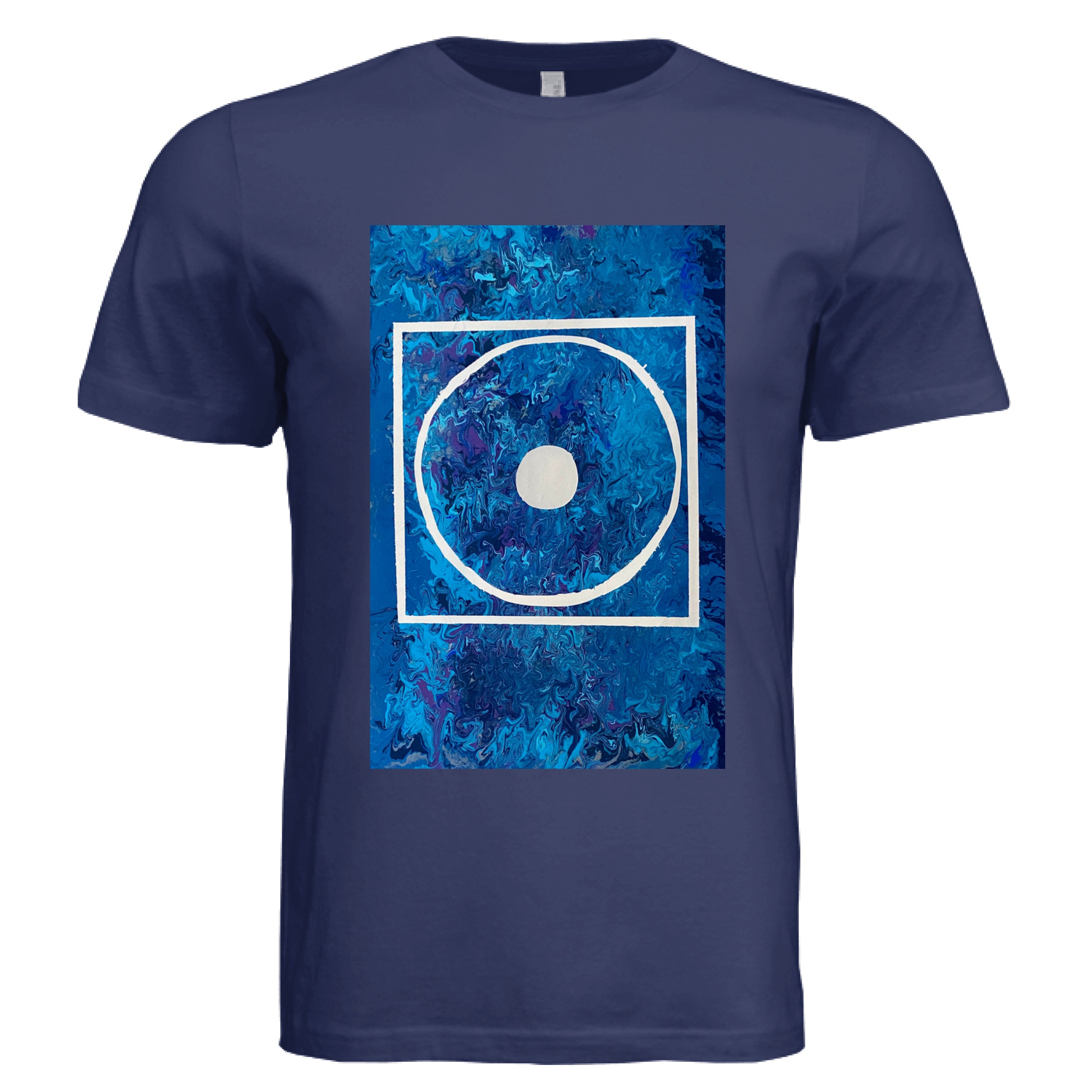 This is the Navy Big Low T-Shirt by Storm Garden Studio. This is showcasing the front of the shirt. The illustration is rectangular and has a white filled in dot, within a outlined circle, within a outlined rectangle. The background is a mix and dip of different blues. The shirt is against a white background.