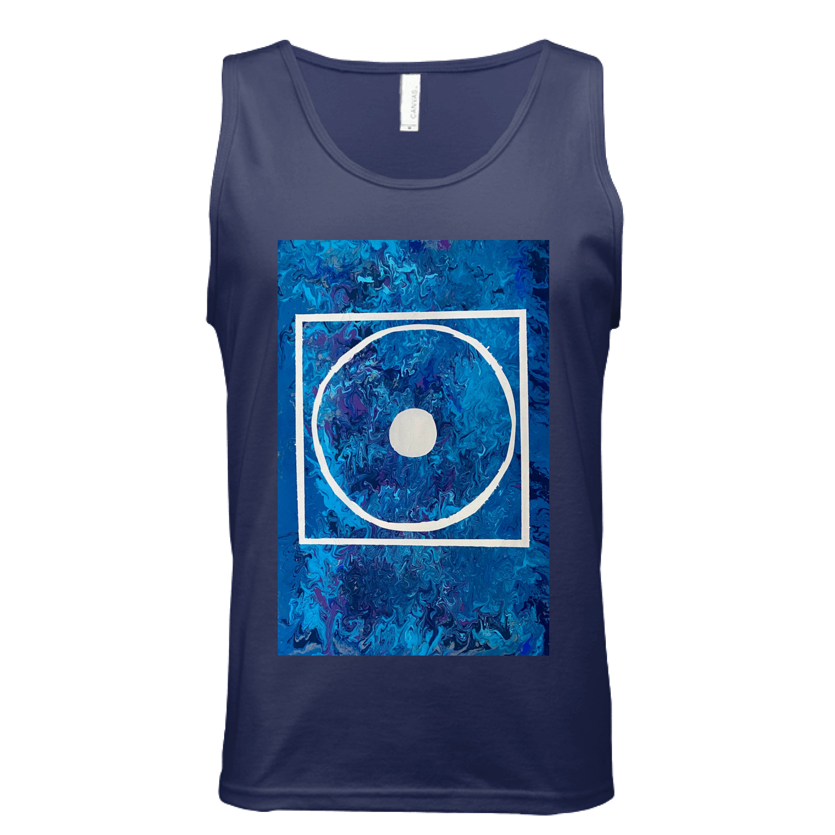 This is the Navy Big Low Tank by Storm Garden Studio. This is showcasing the front of the tank. The illustration is rectangular and has a white filled in dot, within a outlined circle, within a outlined rectangle. The background is a mix and dip of different blues. It is against a white background.