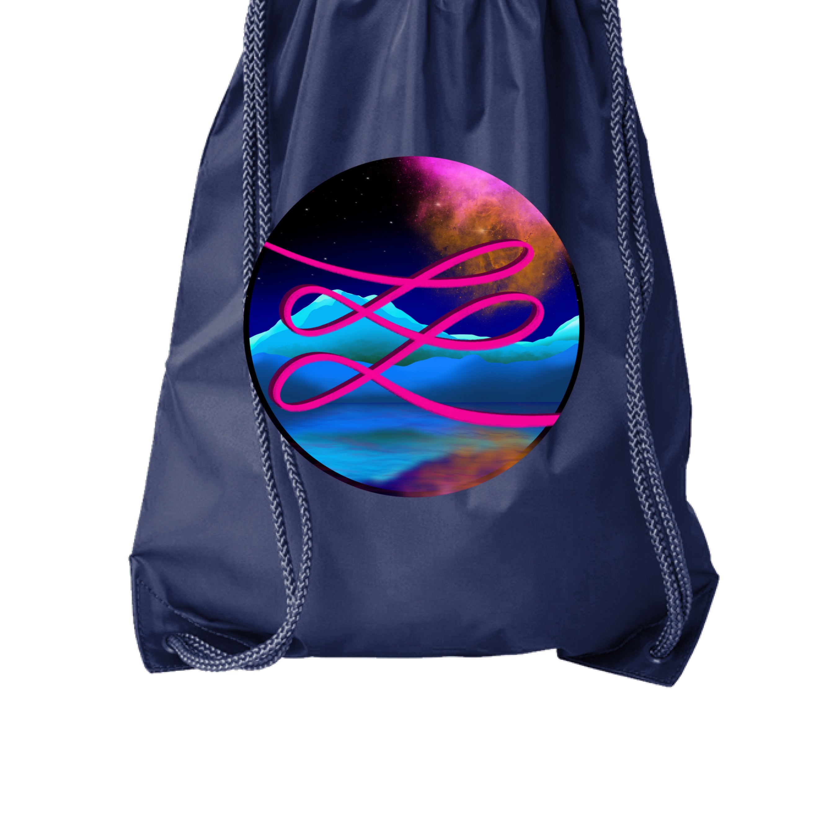 This is the Navy Calligraphers Swirl Drawstring Bag by Lee Hansheng Studios. This is showcasing the front. The illustration is circular and has a neon pink handwritten lines across the whole art. The background is a cosmic drop with blue mountains, galaxy like sky with dark purple, pink and orange colors. The drawstrings are shown too. It is against a white background.