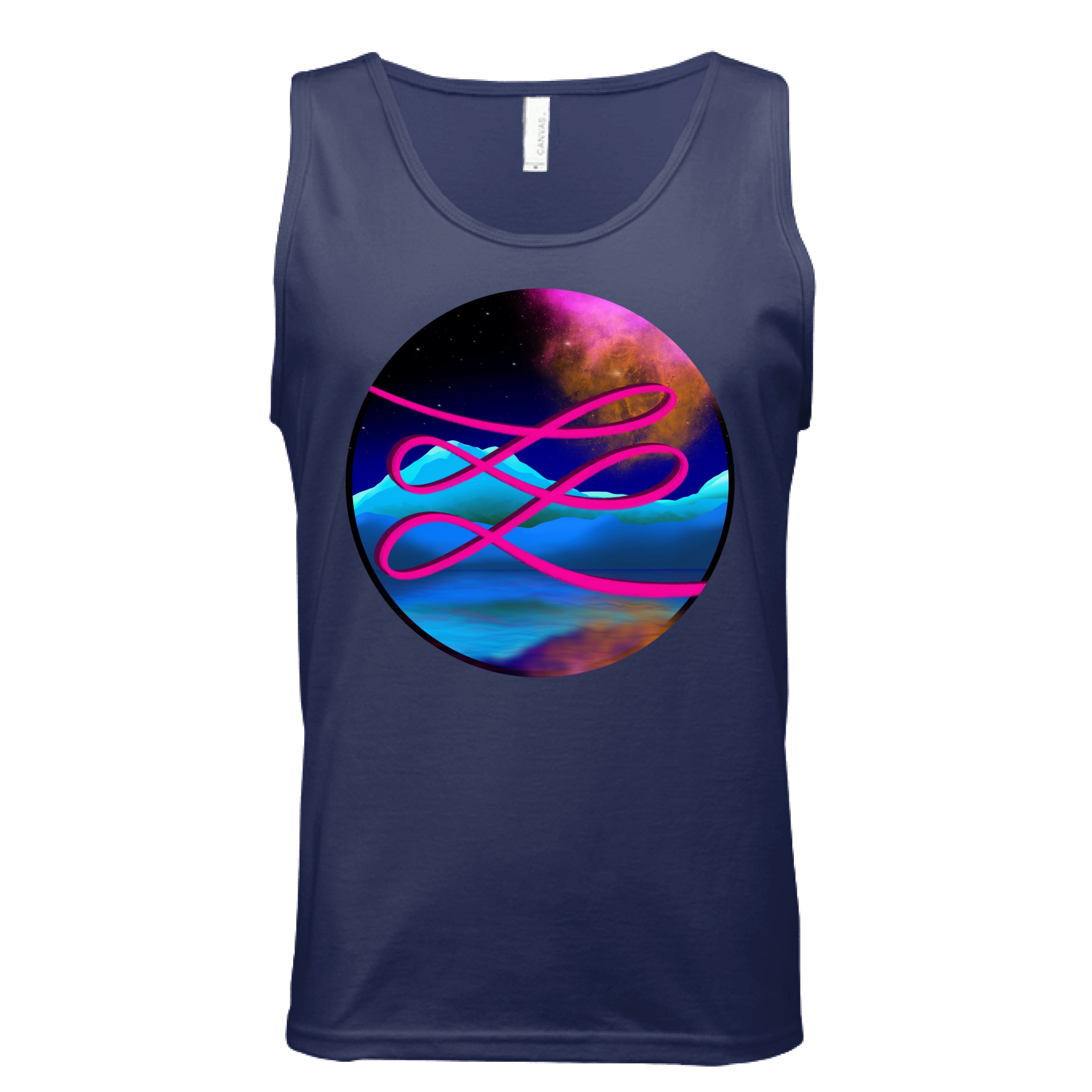 This is the Navy Calligraphers Swirl Tank by Lee Hansheng Studios. This is showcasing the front. The illustration is circular and has a neon pink handwritten lines across the whole art. The background is a cosmic drop with blue mountains, galaxy like sky with dark purple, pink and orange colors. It is against a white background.