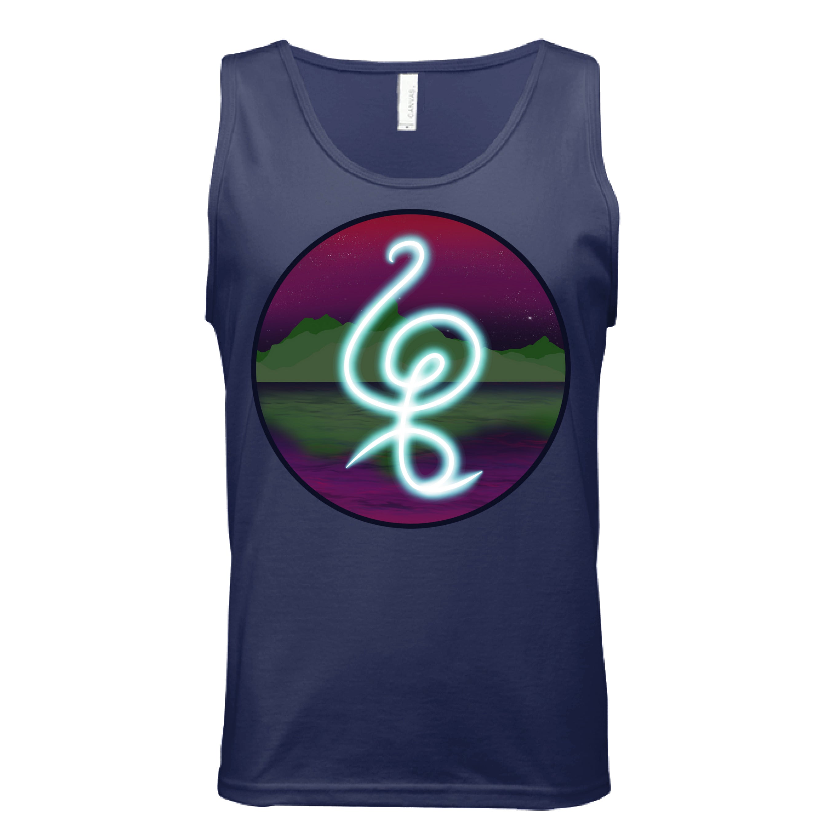 This is the Navy Hakuna Matata Tank by Lee Hansheng Studios. This is showcasing the front. The illustration is circular and has a glowing, freeform symbol in luminous turquoise against a cosmic horizon of deep purples and greens with twinkling yellow stars. White size label can be seen from inside. It is against a white background.