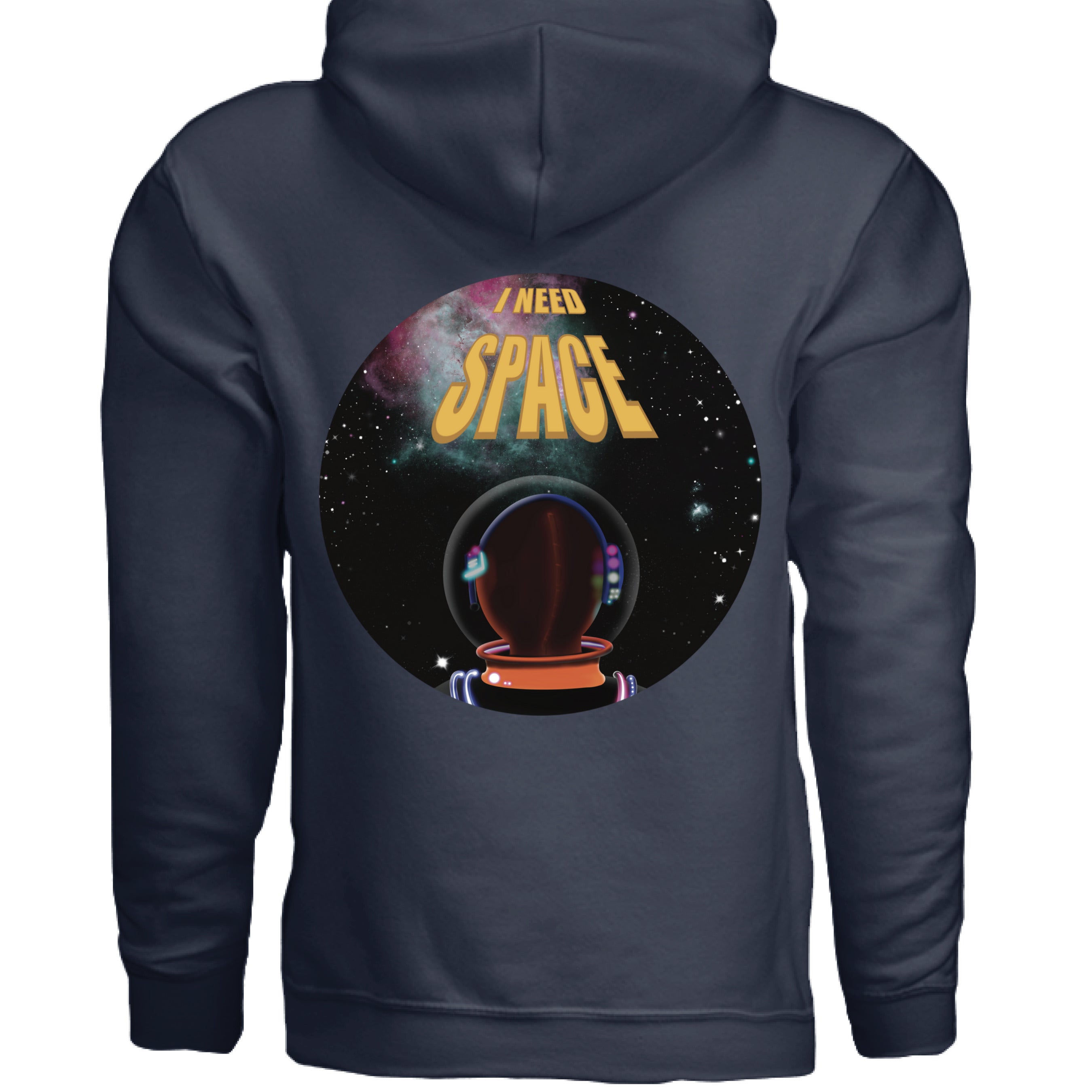 This is the Navy I Need Space Muscle Tank by Lee Hansheng Studios. This is showcasing the back. The design is a circle and of an astronaut facing the front. The astronaut is looking towards space black sky, twinkling green, yellow, pink stars and nebula that is pink/red and green closer to the left. The words in yellow, "I NEED SPACE" in the middle, space being larger font than I need. The hood is showing and the design is below the hood. It is against a white background.