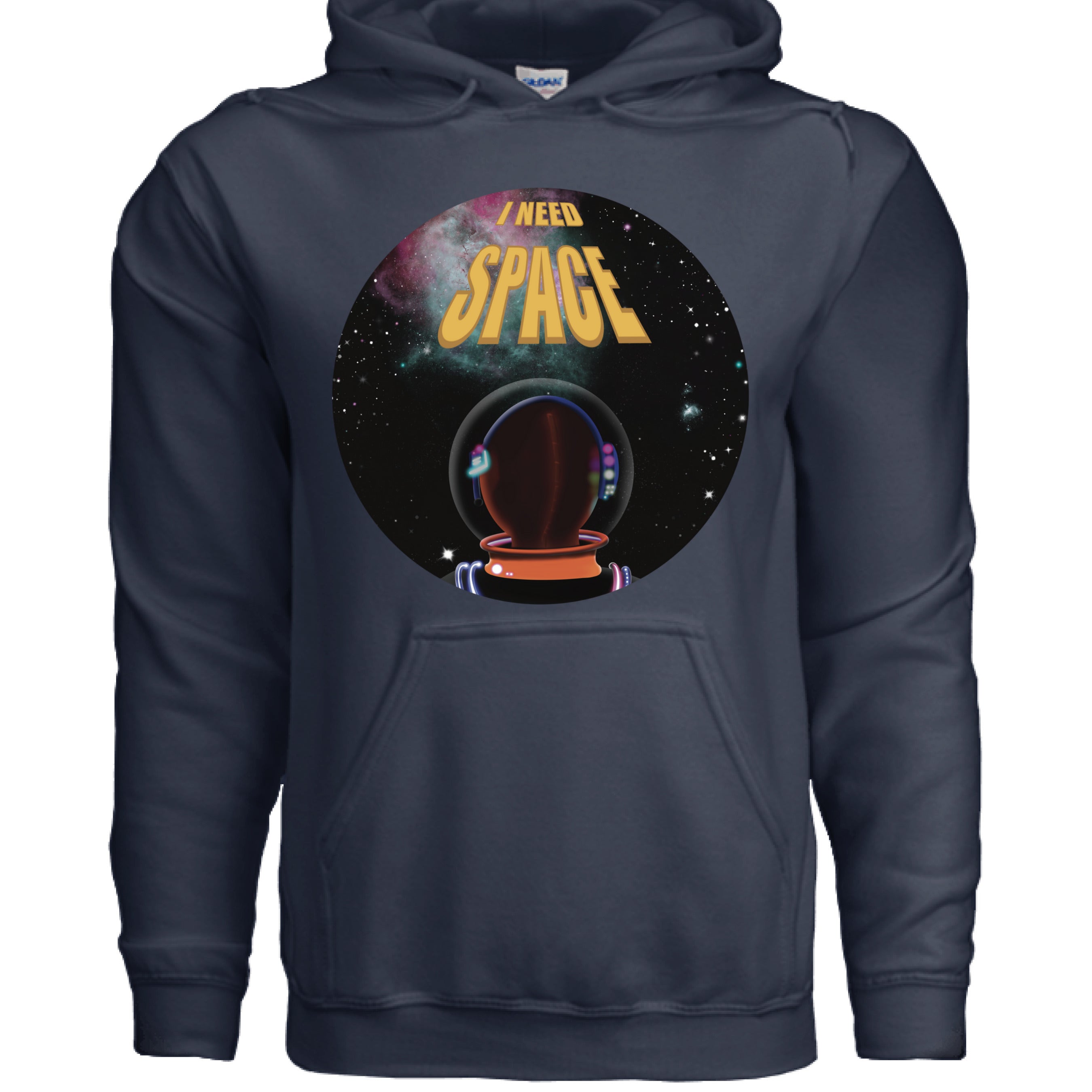 This is the Navy I Need Space Hoodie by Lee Hansheng Studios. This showcases the front. The design is a circle and of an astronaut facing the front. The astronaut is looking towards space black sky, twinkling green, yellow, pink stars and nebula that is pink/red and green closer to the left. The words in yellow, "I NEED SPACE" in the middle, space being larger font than I need. There is a large pocket under the design and drawstrings for the hoodie. The white size label can be seen inside.