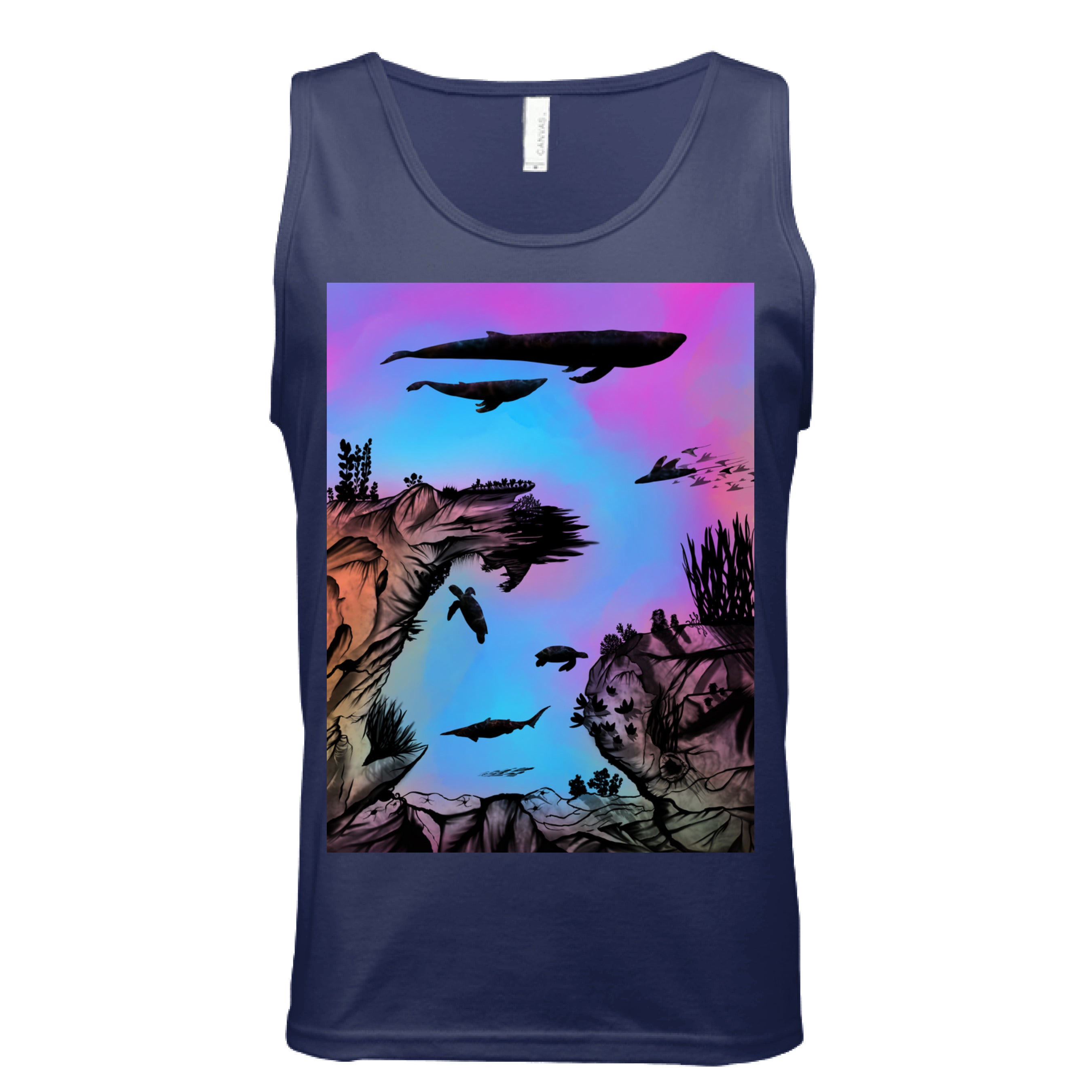 This is the Navy Into the Abyss Tank by Lee Hansheng Studios. This is showcasing the front. The illustration is of an otherworldly underwater world alive with graceful black silhouettes drifting against a luminous gradient of blues, purples, and warm tones throughout the water. To the left, right and bottom are sediment, rocks, seaweed throughout. The top has a humpback whale, another whale, below are a pool of mantis rays, two sea turtles, sea of fish. The white size label can be seen.