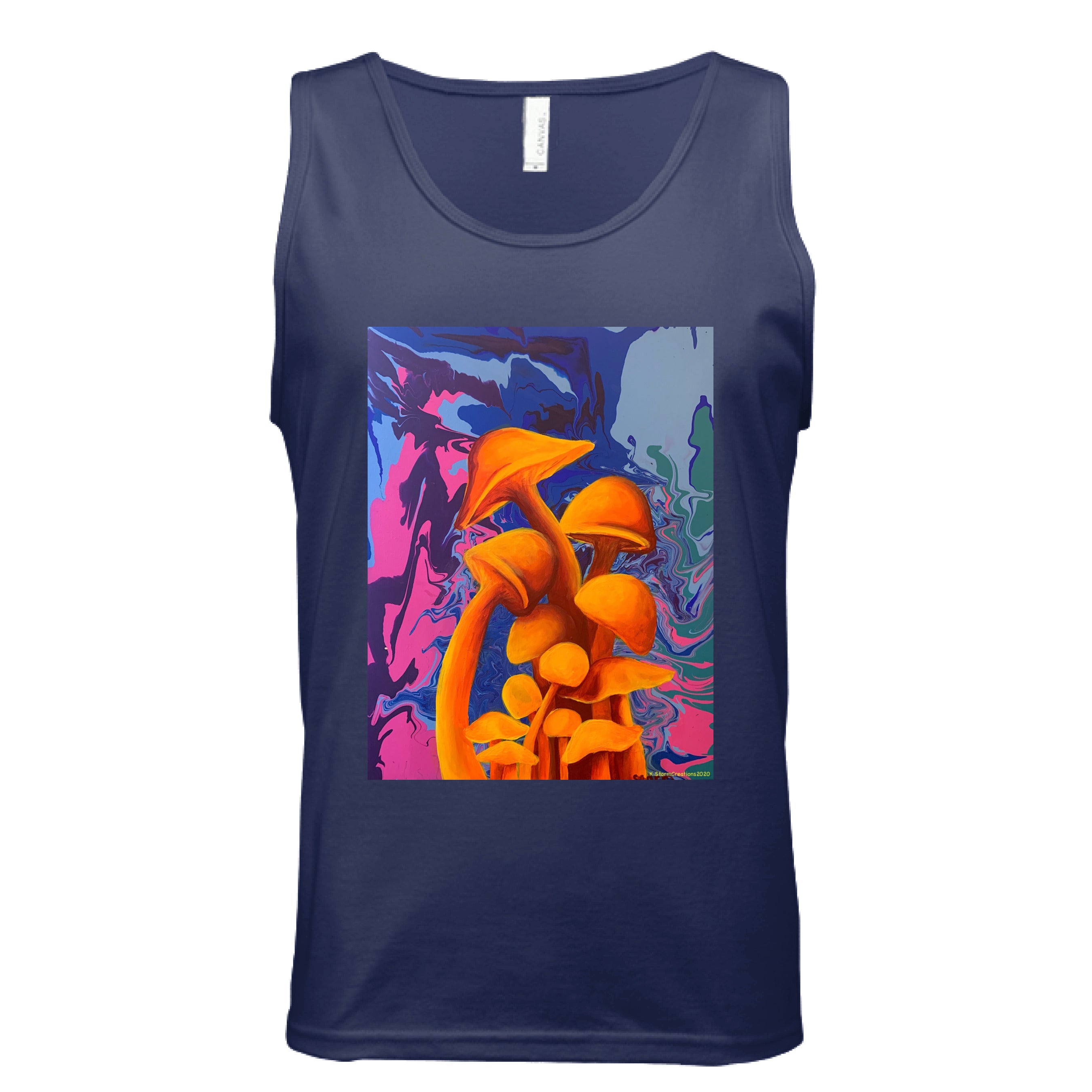 This is the Navy Mushroom Tank by Storm Garden Studio. This is showcasing the front of the tank. There are two drawstrings on the hood and a large pouch under the illustration. The illustration is of 11 blazing orange fungis with a swirling background that includes blue, green, dark blue, purple and pink colors. The mushrooms are different shapes and sizes starting form the middle and reaching towards the top. It is against a white background.