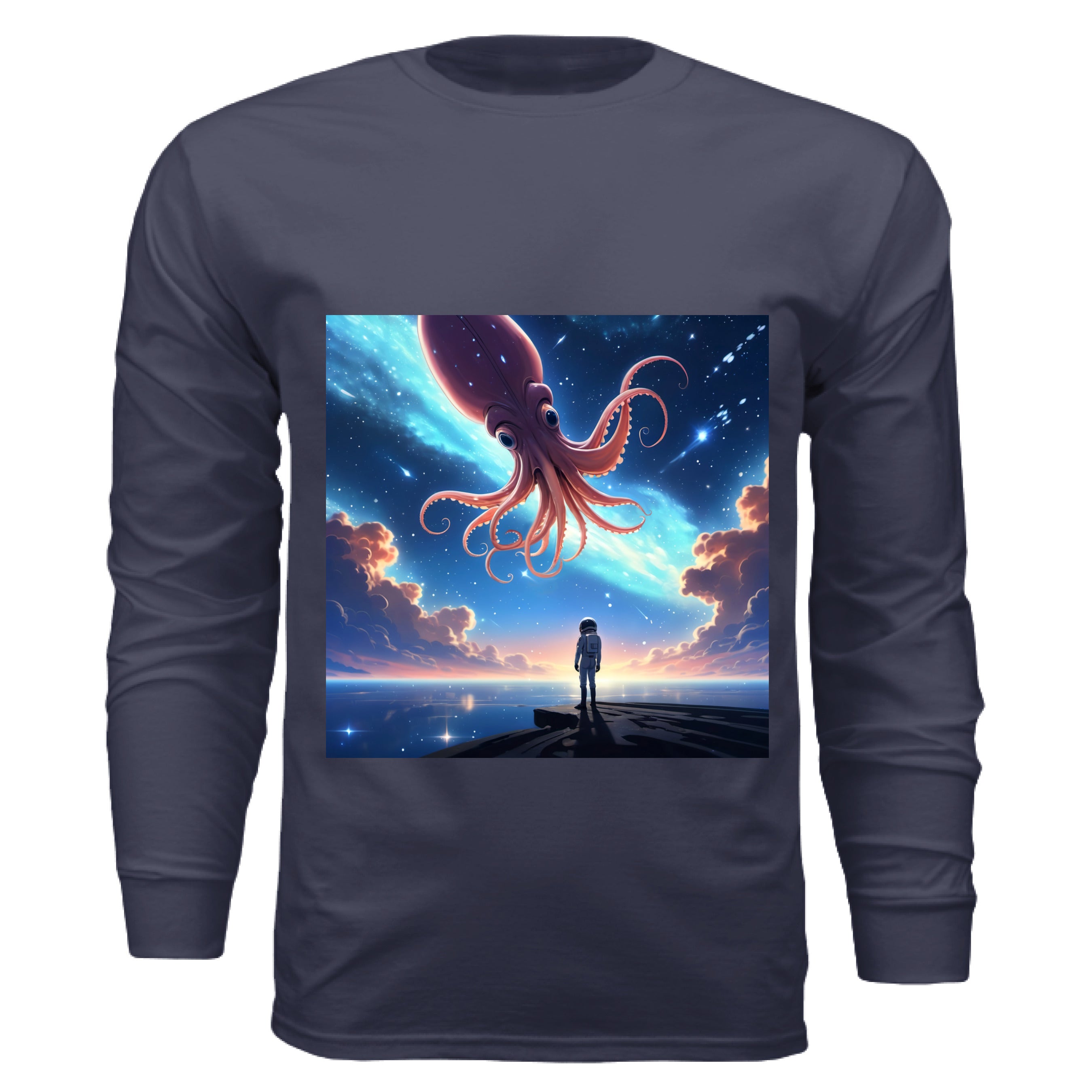 This is the Navy Star Maker Long Sleeve by Lee Hansheng Studios. The illustration features a lone astronaut in white, standing on a dark surface gazing at a pink octo-squid alien, drifting through a sky. The sky is alive with stars, nebulae, and clouds. The clouds are drifting up at the right and left with pink/blue hues. The sky is a light blue and the drifting stars behind the animal is a light blue. It is against a white background.