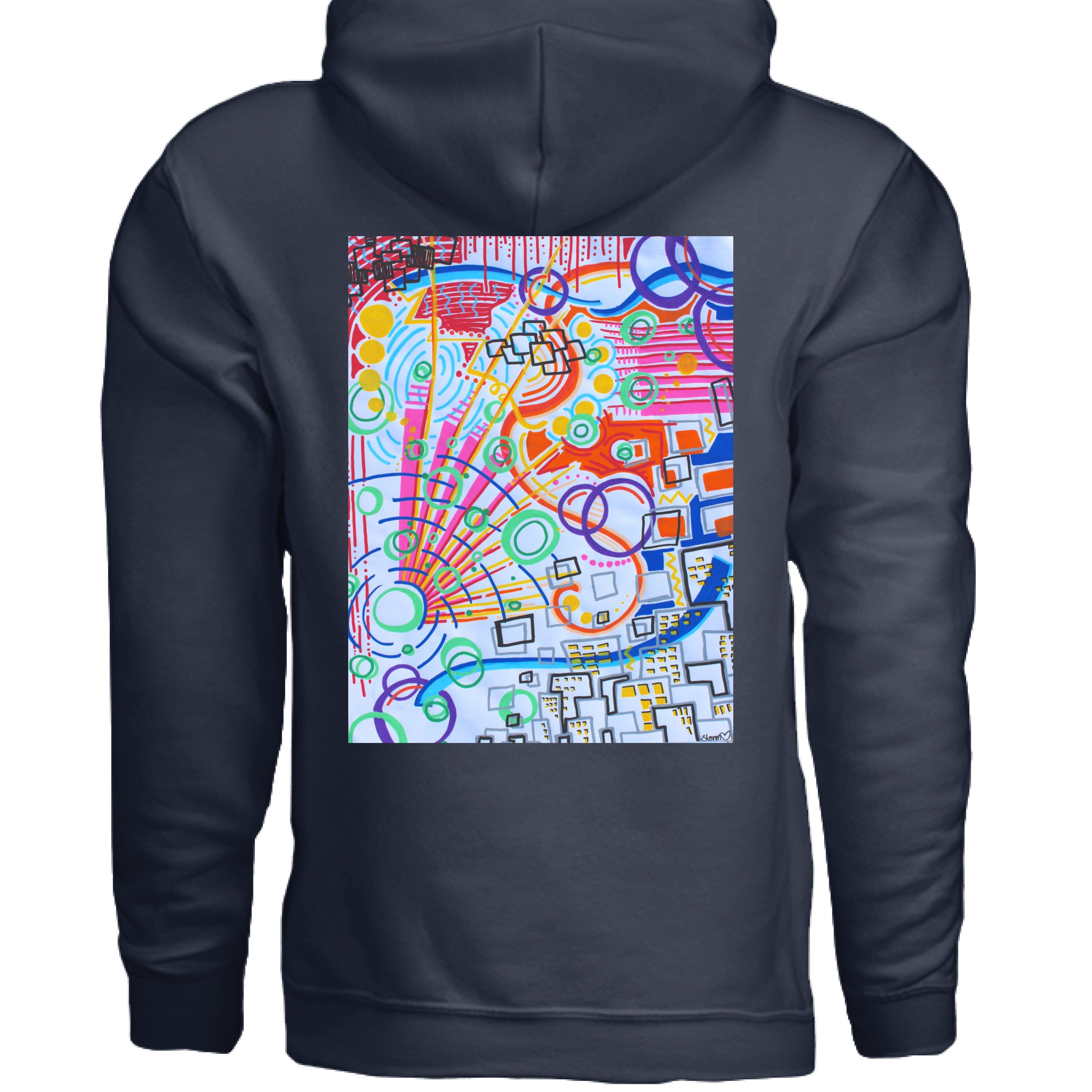 This is the Navy The City Hoodie by Storm Garden Studio. This image is showcasing the back of the hoodie. There is an illustration right under the hood. It is a rectangular illustration with geometric shapes and city buildings to the right. There are squares, circles, sun rays, dots, in purples, red, pink, lime green, yellow, grey, blue and black. The background for the illustration is a light blue. The hoodie is against a white background.