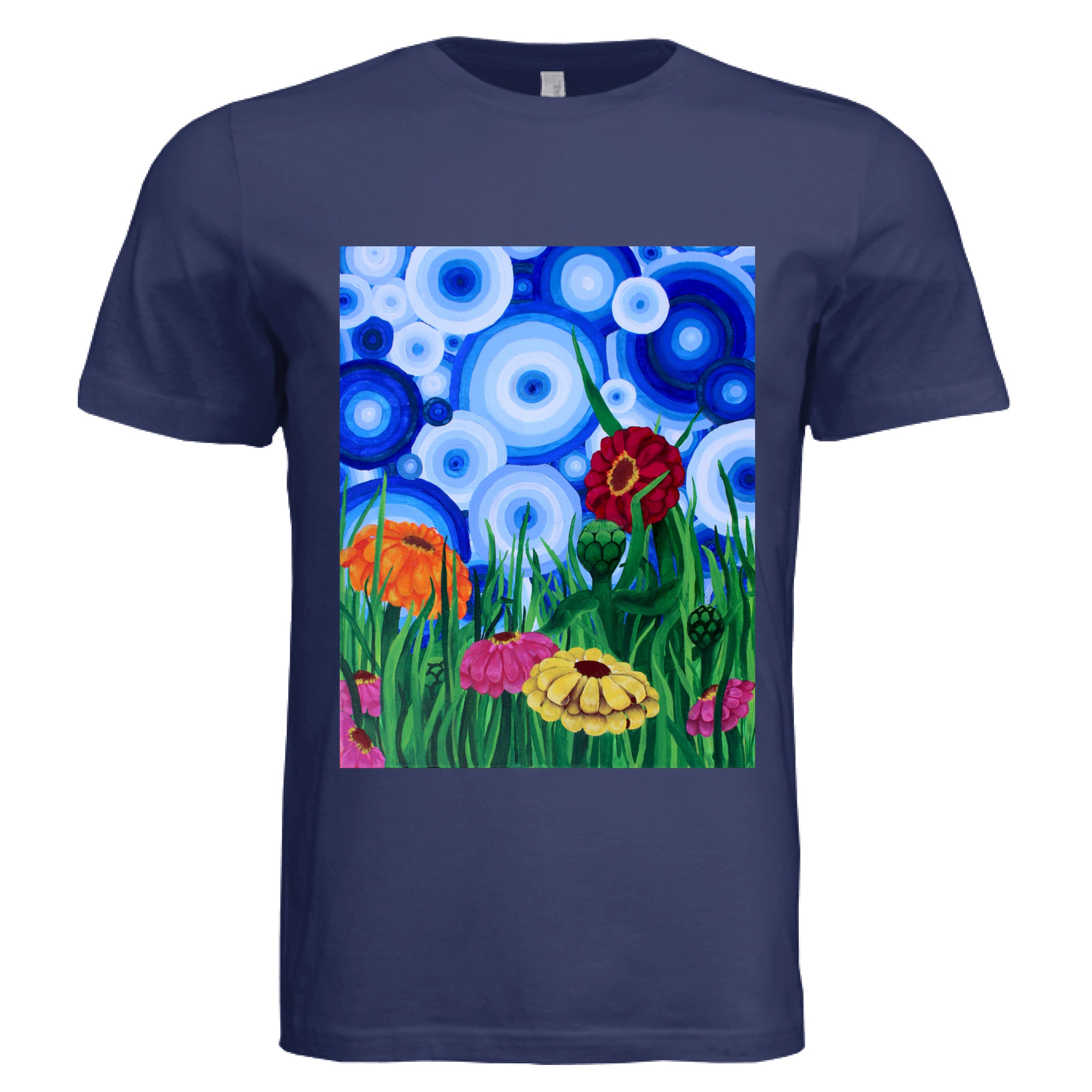 This is the Navy Zinnia 2 T-Shirt by Storm Garden Studio. This showcases the front of the shirt. The rectangular illustration are bold and color zinnias like red, yellow and orange across tall green grass. The background has many different circles in blue, dark blue and white. The shirt is against a white background.