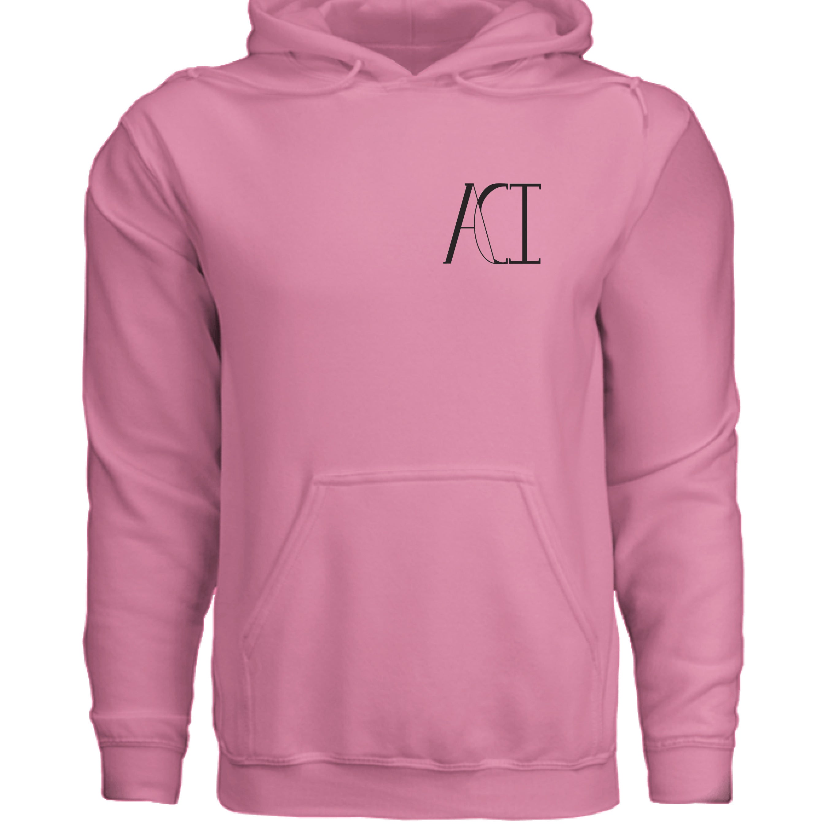 This is the Neon Pink ACI Hoodie by the Art Collective International. This is showcasing the front of the hoodie with two drawstrings on the hood and large kangaroo pocket on the bottom. The image on the left breast pocket is of the ACI logo. The logo is in black. The hoodie is against a white background.
