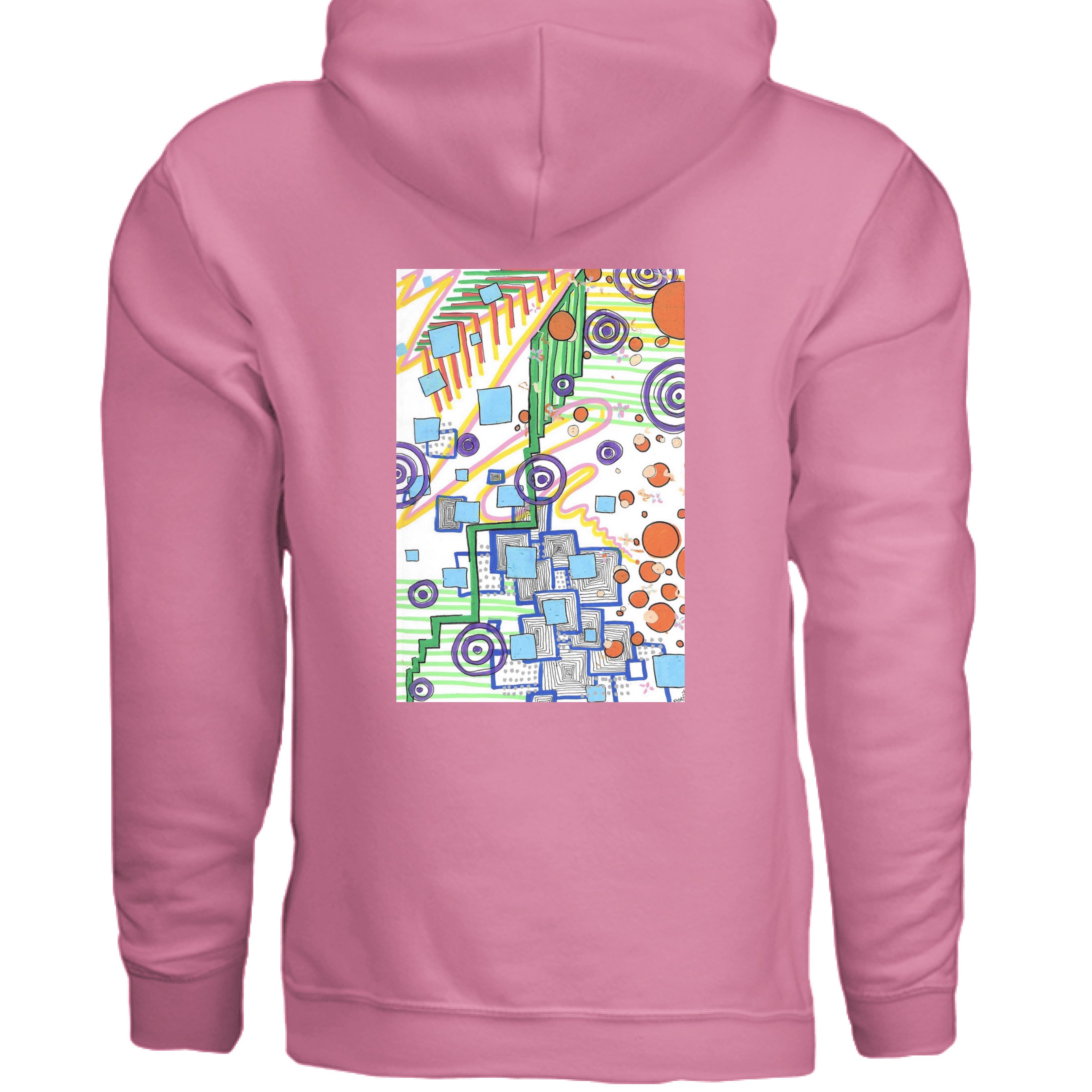 This is the Neon Pink City of Oz Hoodie by Storm Garden Studio. This image is showcasing the back of the hoodie. The illustration is rectangular and geometric. It has a mix of circles, lines, waves, dots, thorughout the design. It is a mix of colors that are light blue, orange, green, orange, yellow and purple. The background is white for the illustration. The illustration is right below the hood. It is against a white background.