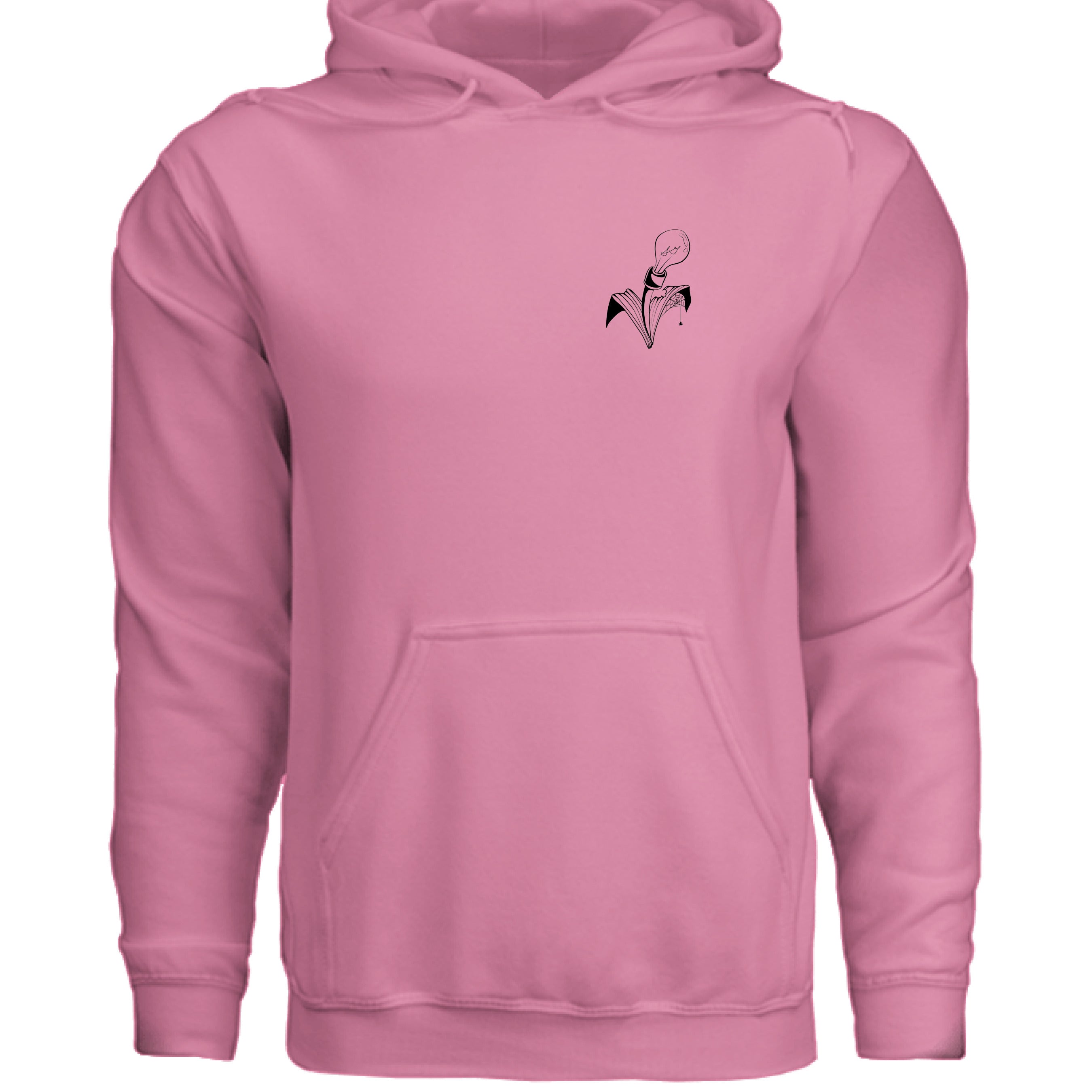 This is the Neon Pink City of Oz Hoodie by Storm Garden Studio. This image is showcasing the front of the hoodie. There are two drawstrings attached to the hood with a large pouch from the middle to the bottom. On the left breast pocket is the image of the studio logo. The logo is a plant that has two leaves, one of the leaves is bitten with a spiderweb and spider on the it. The flower of the plant is a lightbulb. The logo is all in black and against a white background.