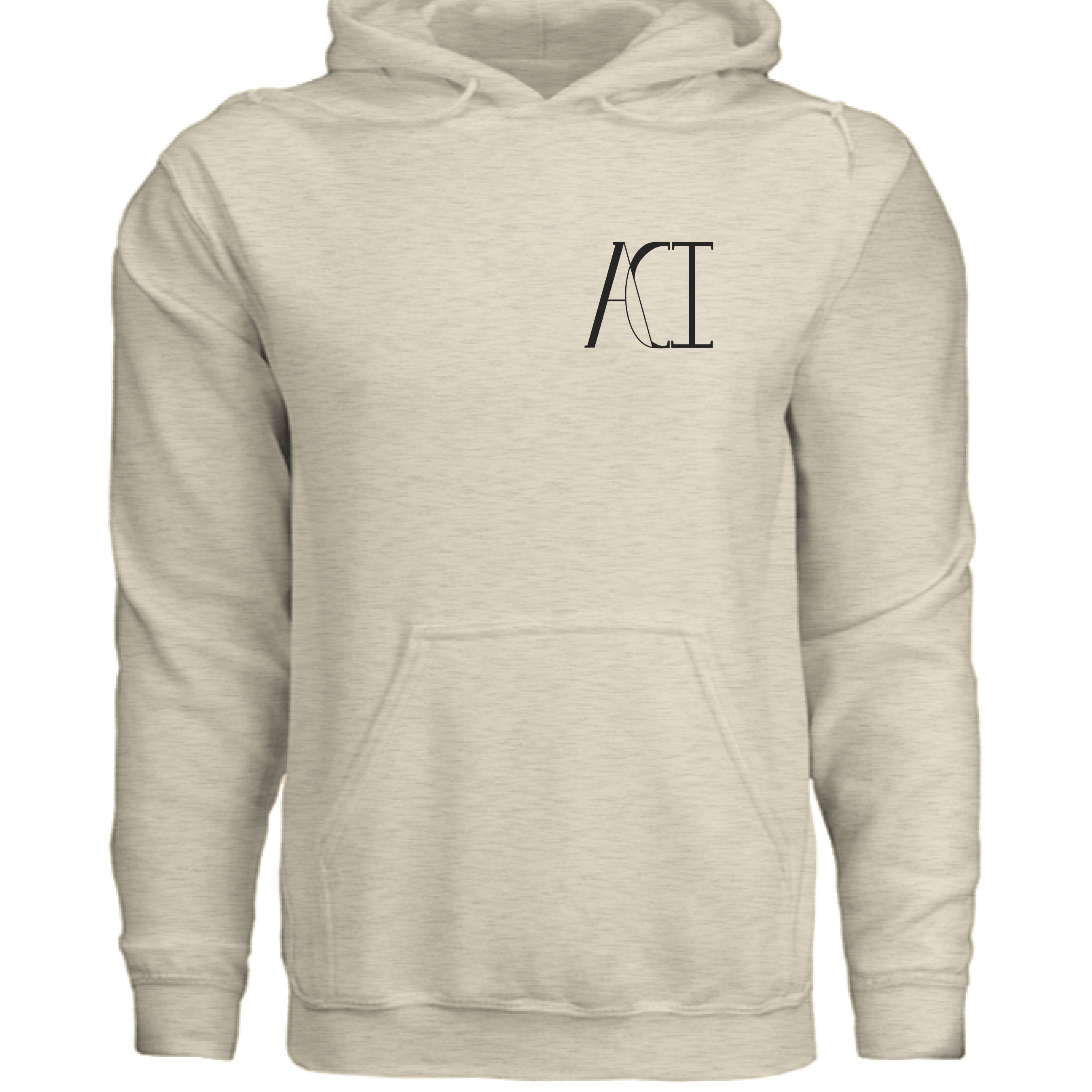 This is the Oatmeal Heather ACI Hoodie by the Art Collective International. This is showcasing the front of the hoodie with two drawstrings on the hood and large kangaroo pocket on the bottom. The image on the left breast pocket is of the ACI logo. The logo is in black. The hoodie is against a white background.