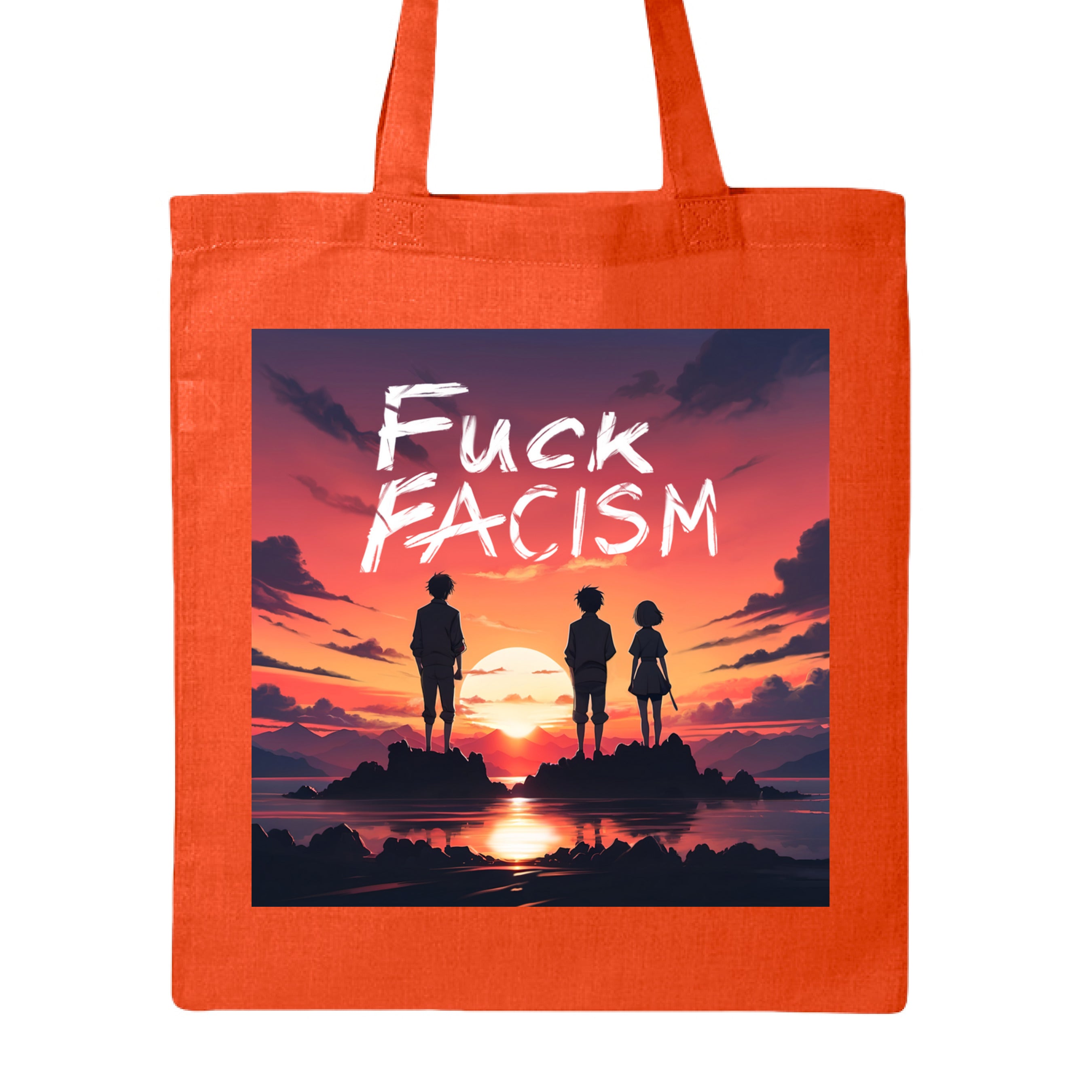This is the Orange Fuck Fascism Canvas Tote by Lee Hansheng Studios. This is showcasing the front of the tote. The image is squared. The illustration has a blazing yellow/red sunset sky, three figures, two guys, one lady stand united, their silhouettes facing towards the sunset on rocky land floating in the middle of the water. The words in white, "FUCK FACISM" near the top. Clouds surrounding the right and left of the image. It is against a white background.
