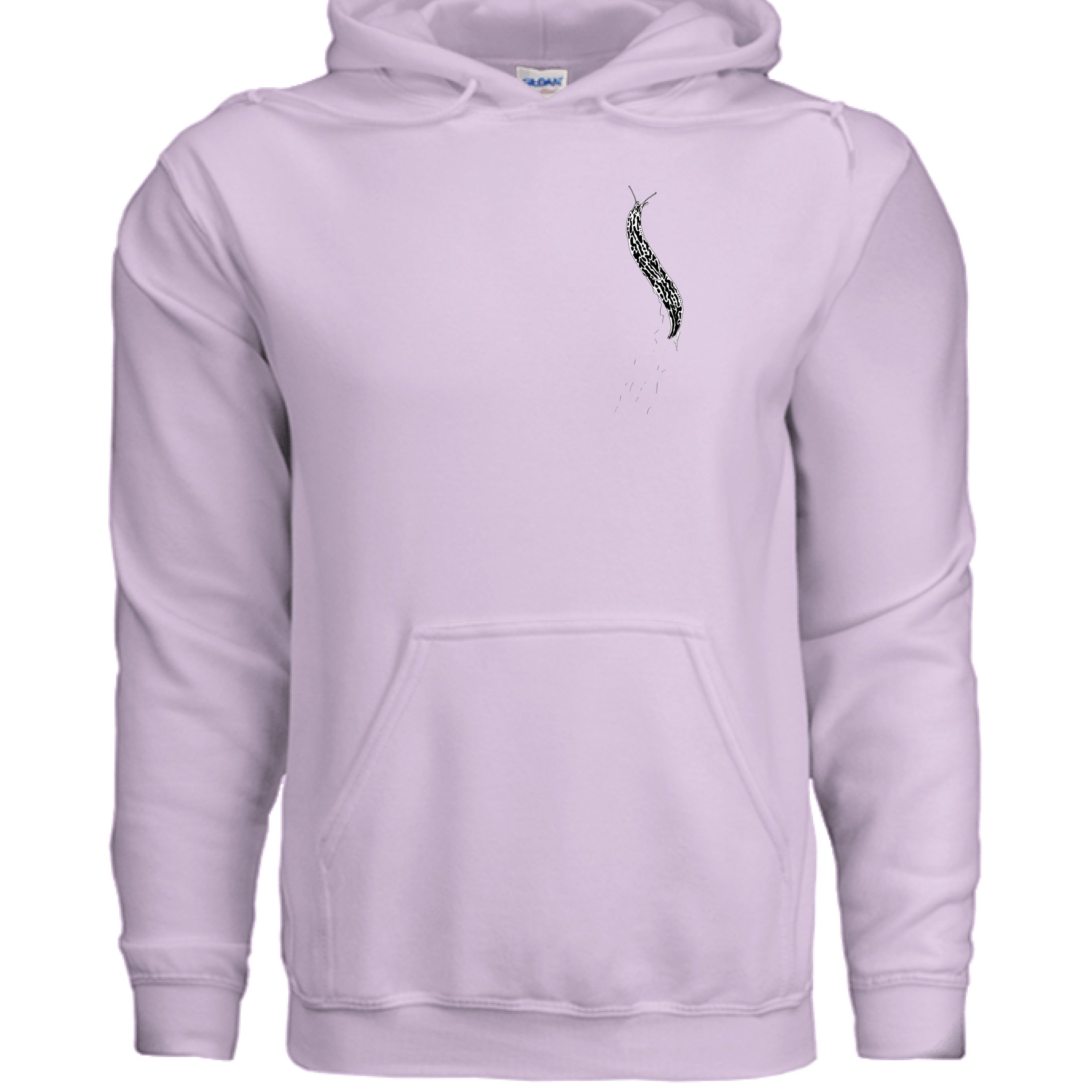 This is the Orchid Banana Slug Hoodie by Storm Garden Studio. This showcases the front of the hoodie. There is a banana slug in black and white on the left chest. There is a large pouch too. It is against a white background.